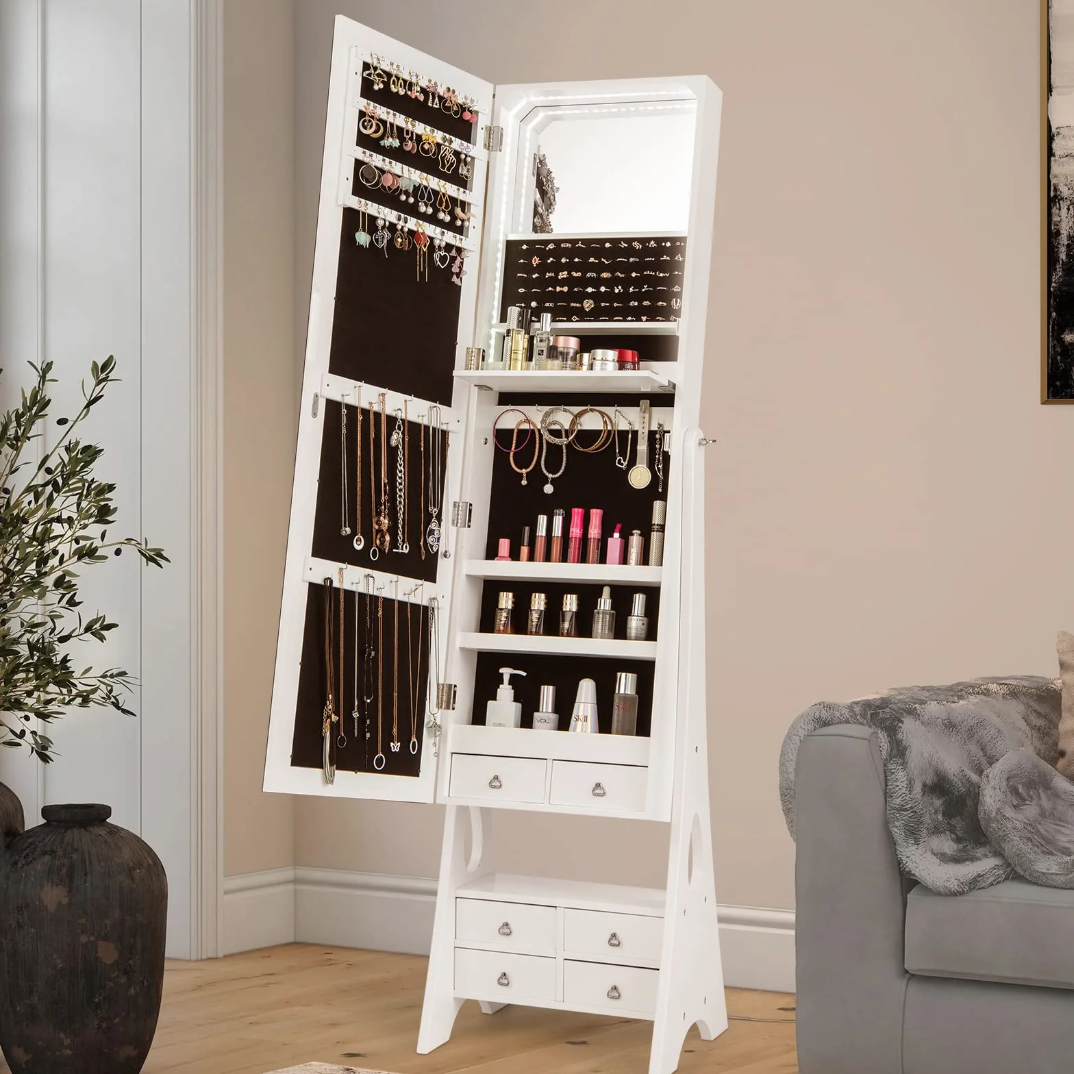COSTWAY Armoire à Bijoux avec Miroir Pleine Longueur, Lumières LED Intégrées, Étagère de Maquillage Pliable, Blanc
