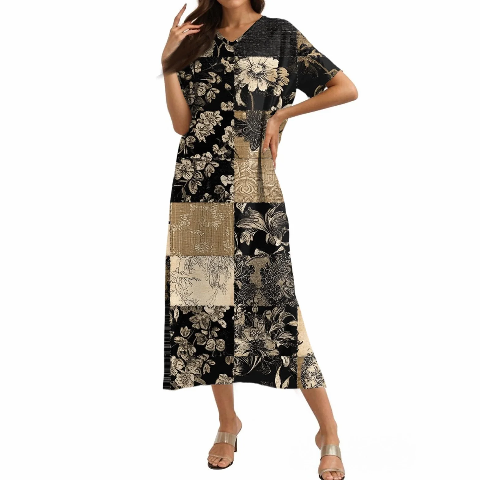 Robe Longue Femme Bohème Coton Lin Imprimé Ethnique Robes de Plage Fluide Hawaii Col en V Exotique Ample Vintage