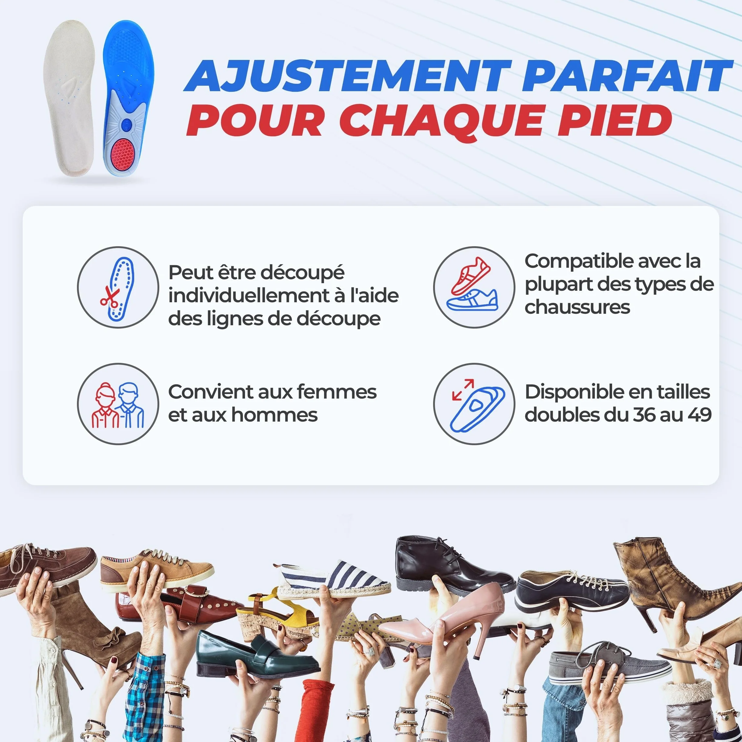 Semelle gel homme/femme sport travail - Semelles chaussures confort antidérapantes aéré amorti chocs