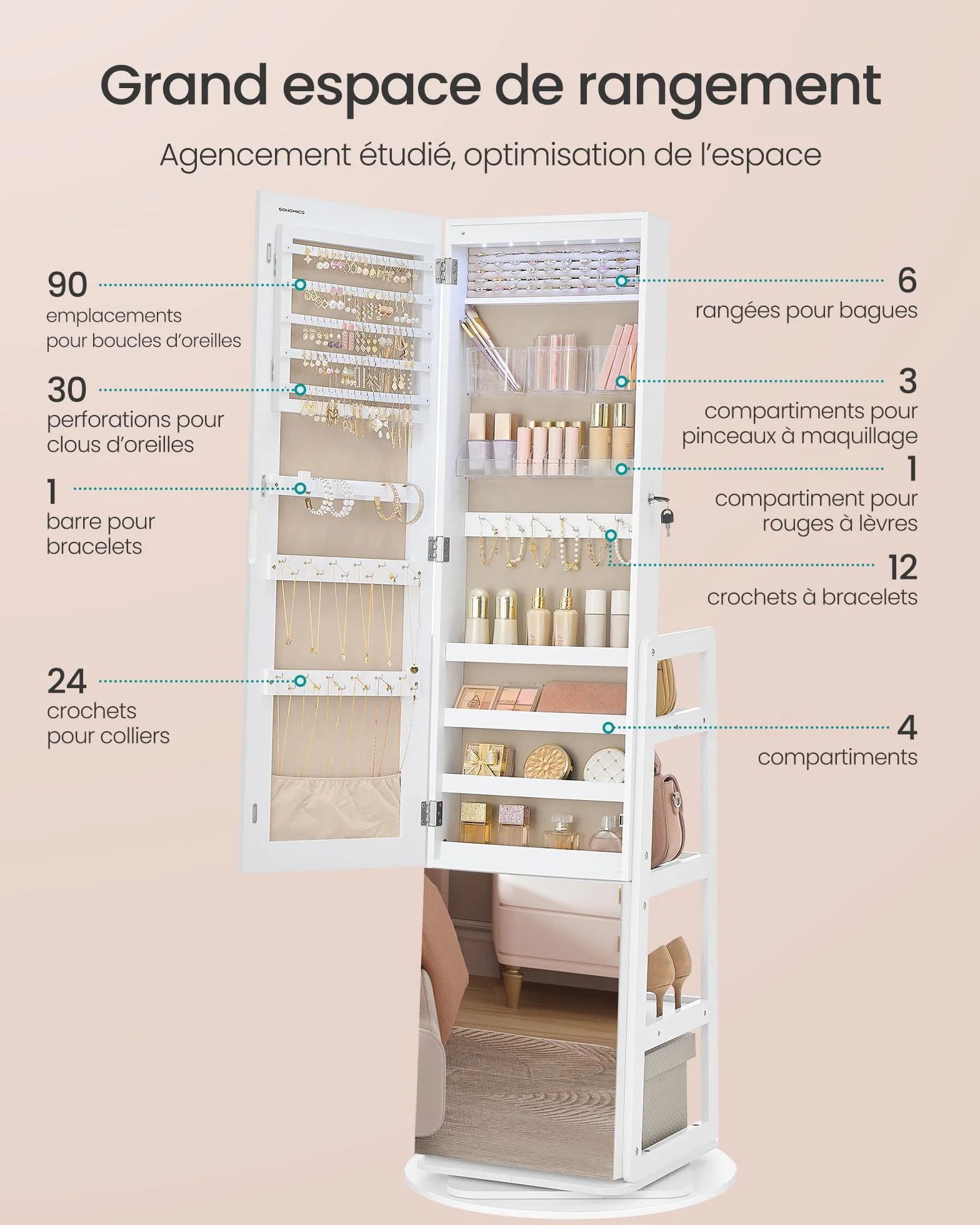 SONGMICS Armoire à Bijoux avec Miroir Intégral, Éclairage et Rotation 360°, Blanc Nuage JJC027WH01
