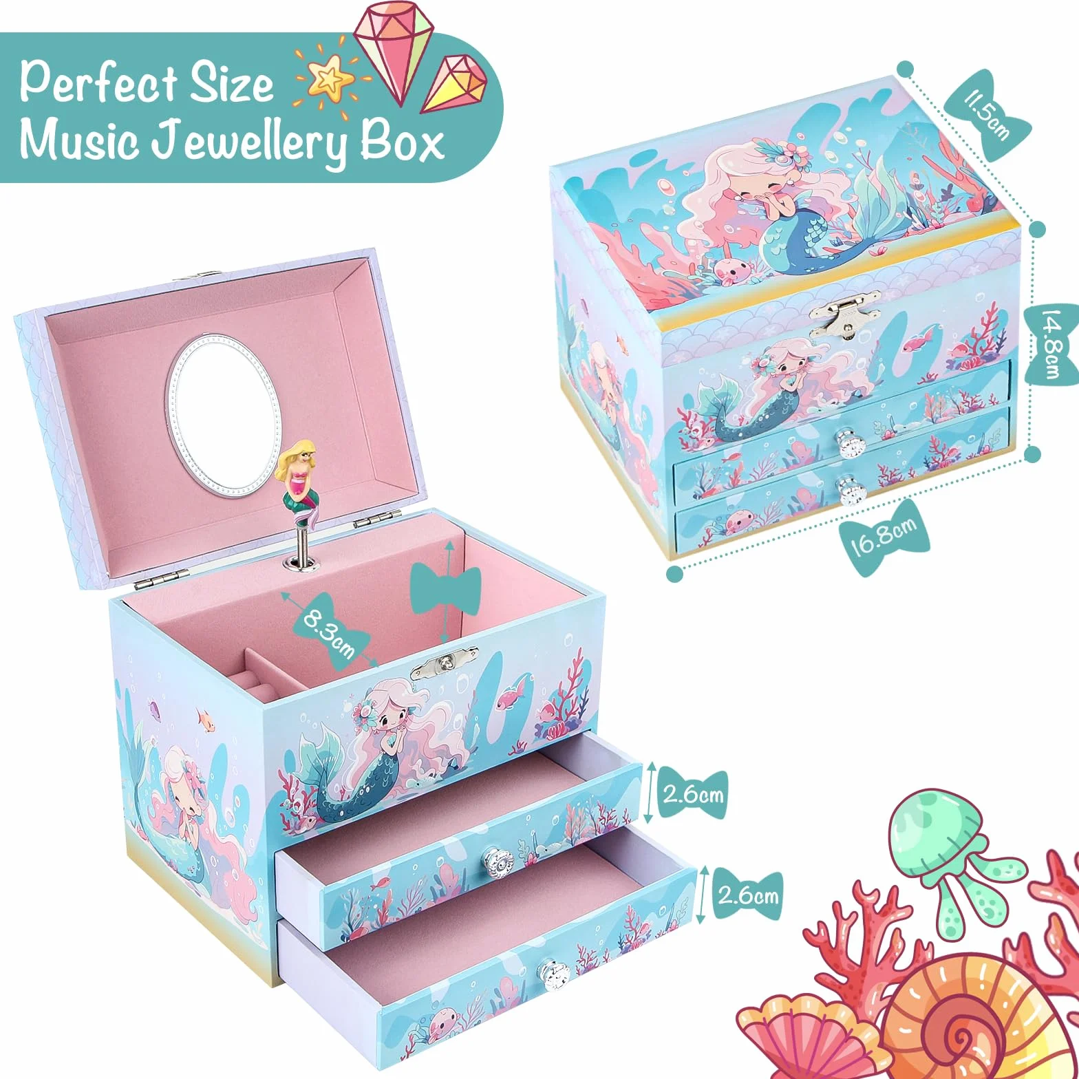 Boîte à Bijoux Musicale Ballerine 2 Tiroirs Sirène Bleue Cadeau Enfants 3-10 Ans