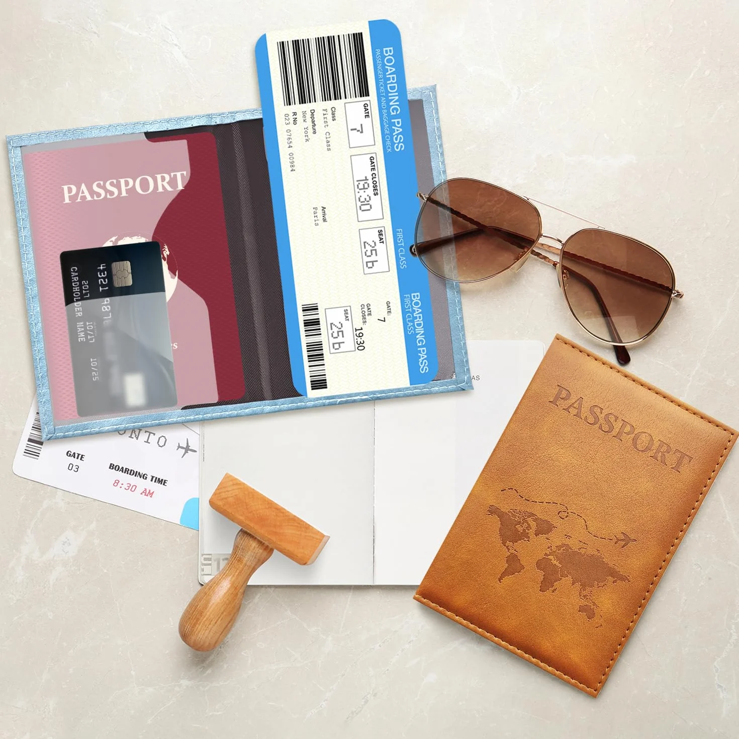 Porte-passeports en cuir PU lot de 2, portefeuille de voyage pour passeport, cartes, marron et bleu clair