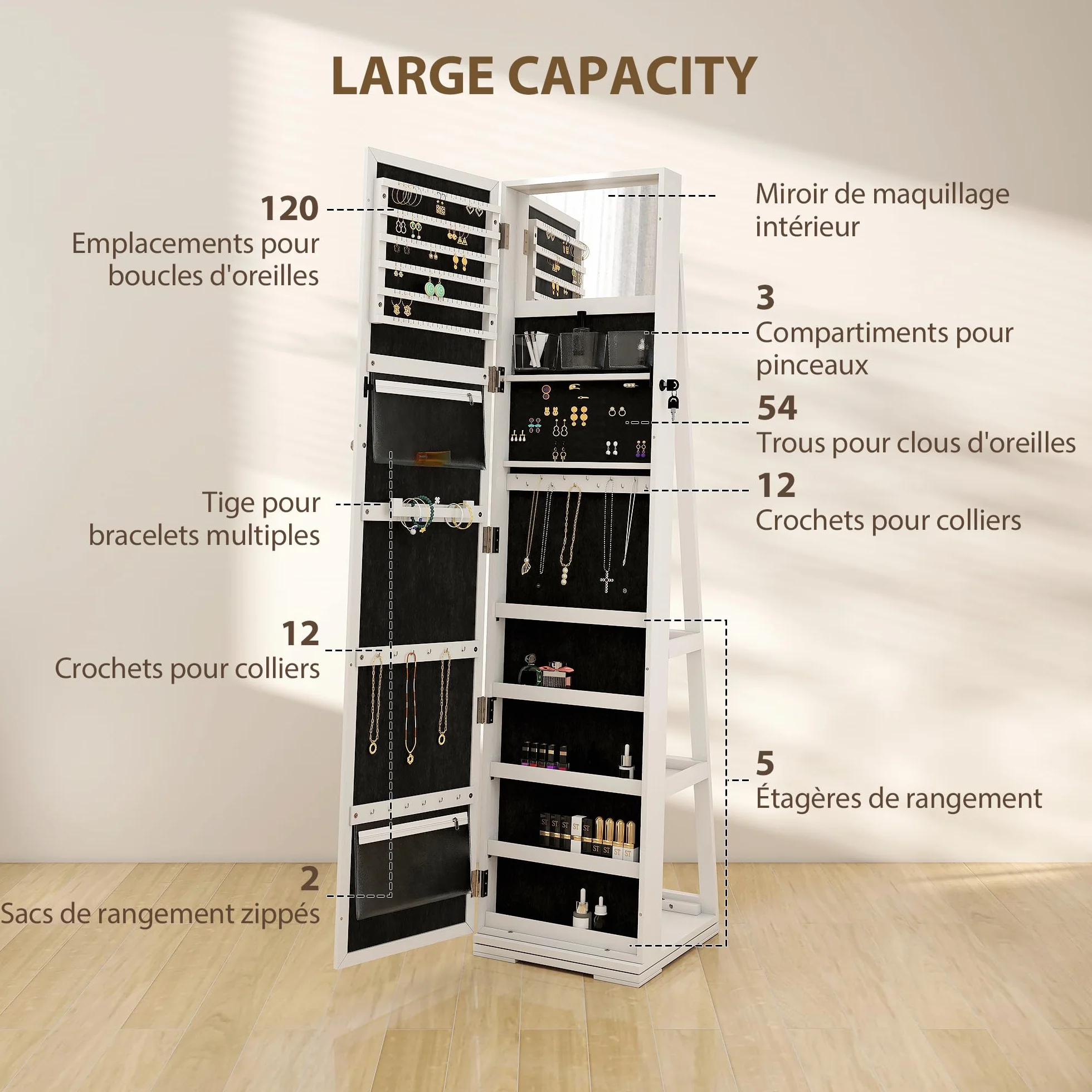 HOMCOM Armoire à Bijoux pivotante verrouillable avec Miroir en Bois Blanc