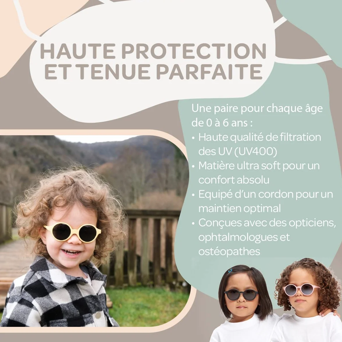 BÉABA Lunettes de soleil bébé 9-24 mois Protection 100% UV CAT 3 Branches ajustables 360° Écaille