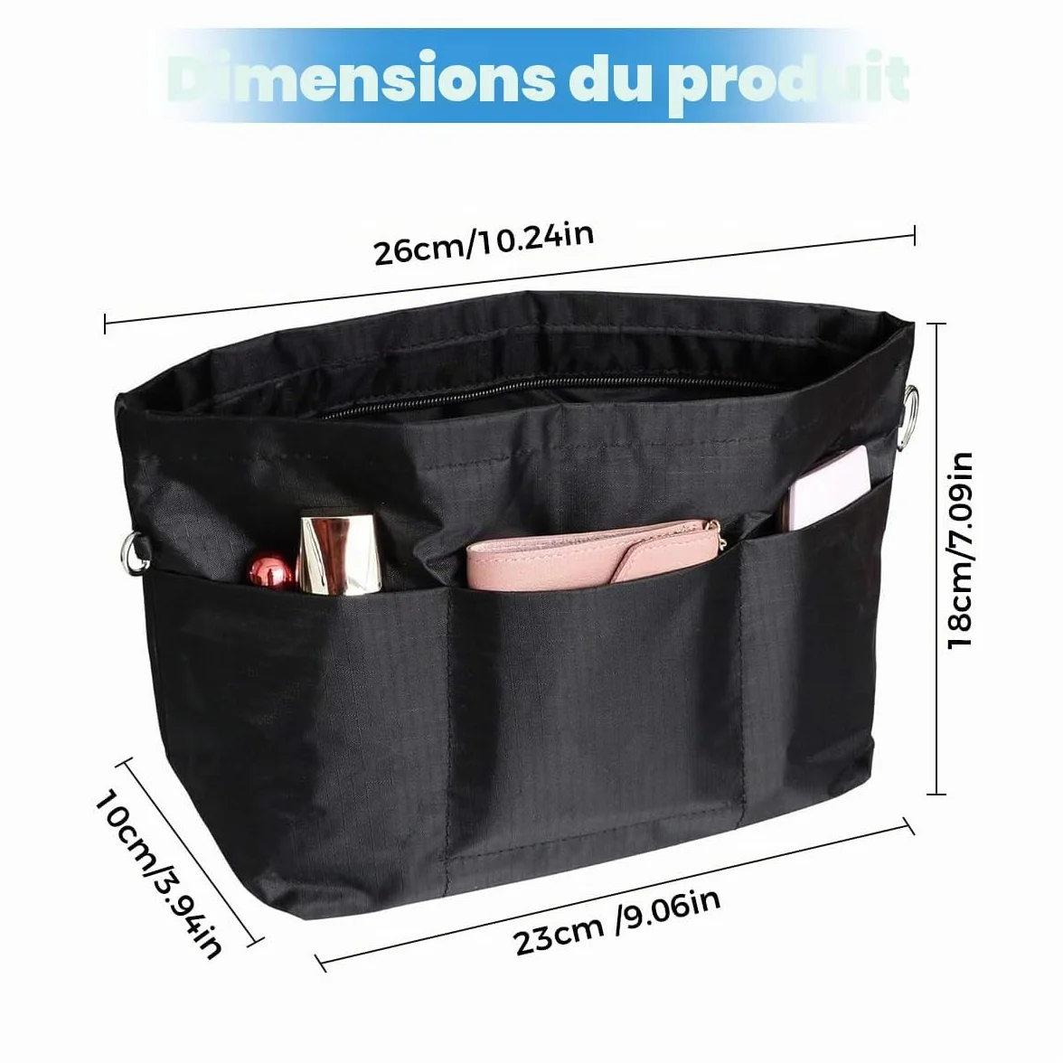 Organisateur de Sac à Main en Nylon 13 Compartiments Imperméable Fermeture à Glissière Noire M
