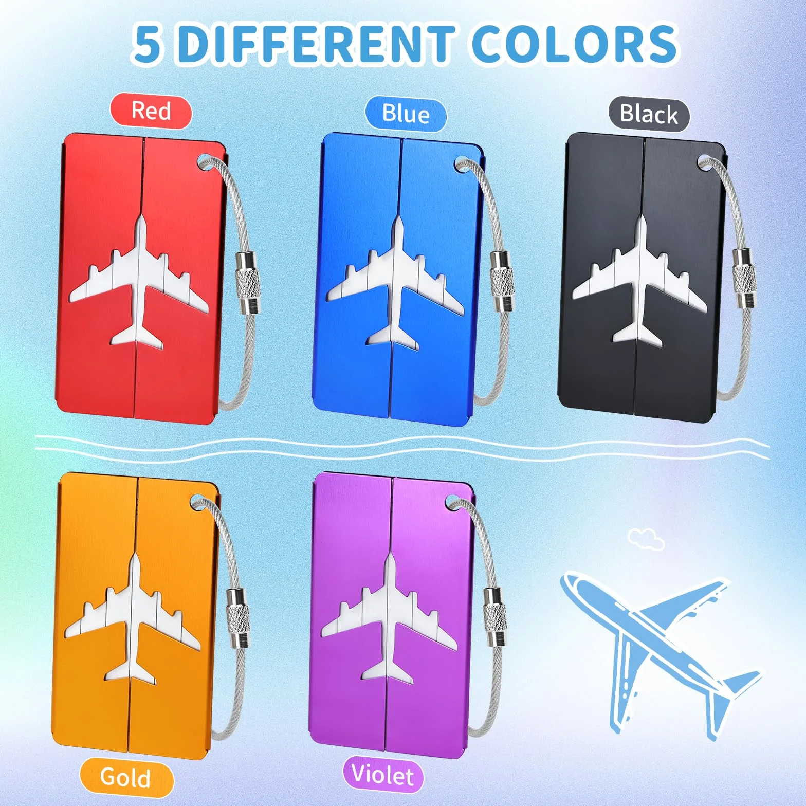 Etiquette Valise Aluminium Cordon Inox Carte PVC étanche 7,5x4,5cm 5 Couleurs Bleu Noir Rouge