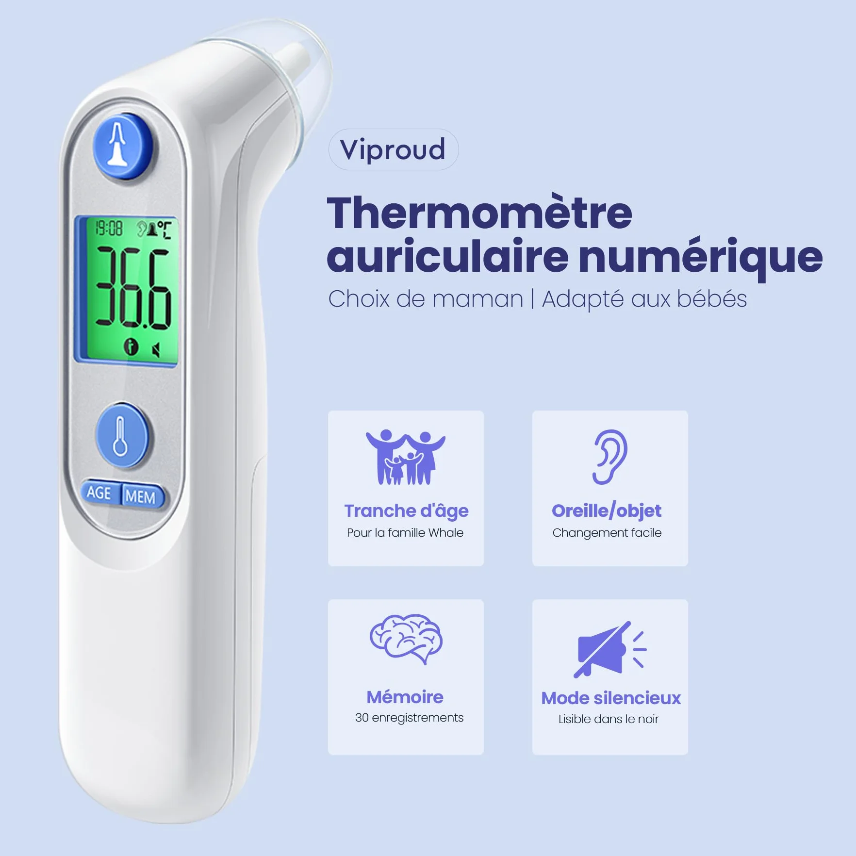 Thermomètre Auriculaire Haute Précision pour bébé, Mesure rapide 1 seconde, Indicateur sonore fièvre, 21 Embouts, Blanc