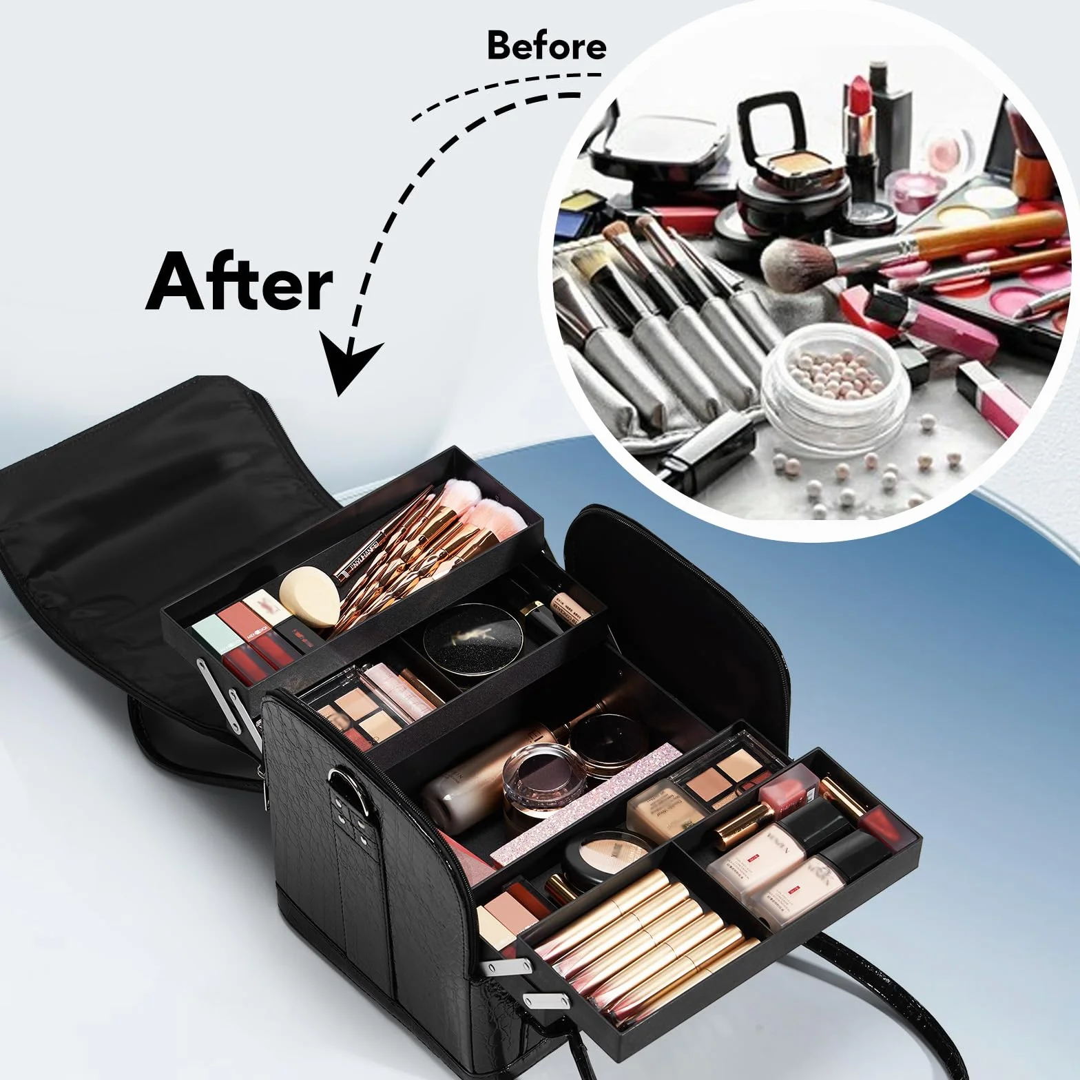 Professionnel Mallette Maquillage Étanche Noir avec Bretelle Organisateur Cosmétique