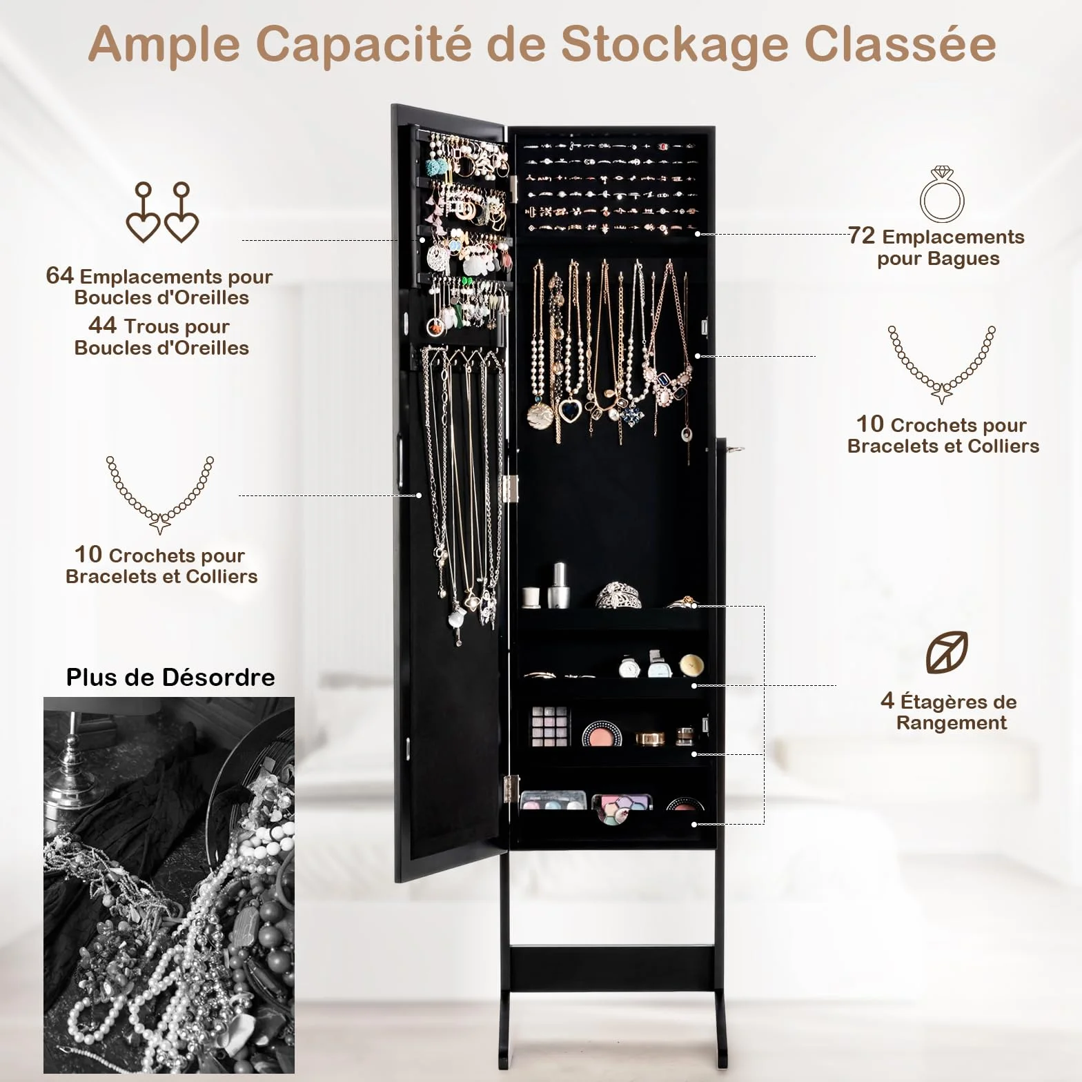 GOPLUS Armoire à Bijoux sur Pied avec Miroir Inclinable, Grand Rangement, Noir