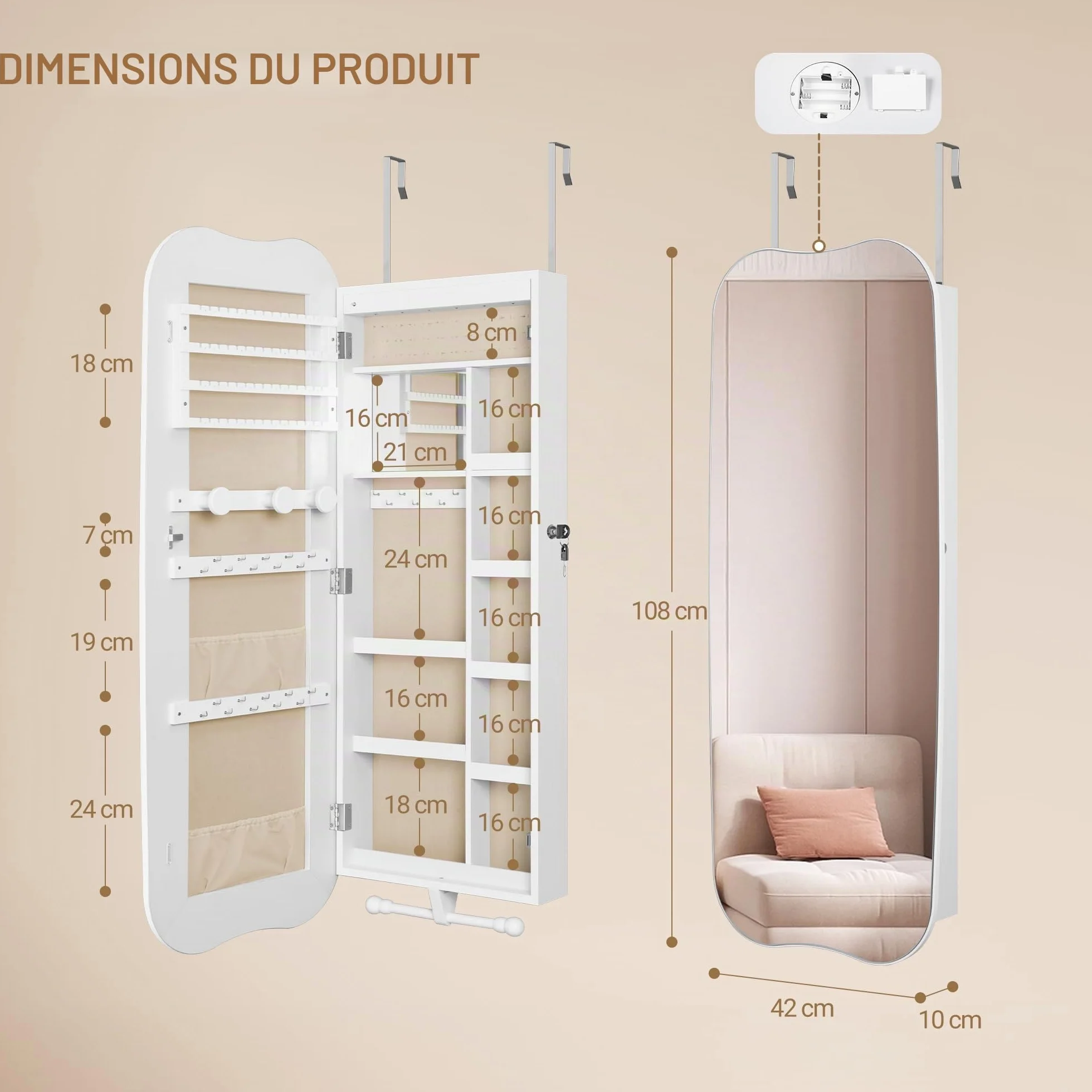 Hzuaneri Armoire à Bijoux avec Miroir Long, LED et Serrure, Grande Capacité, Suspendu ou Mural, Blanc et Doublure Grise Beige