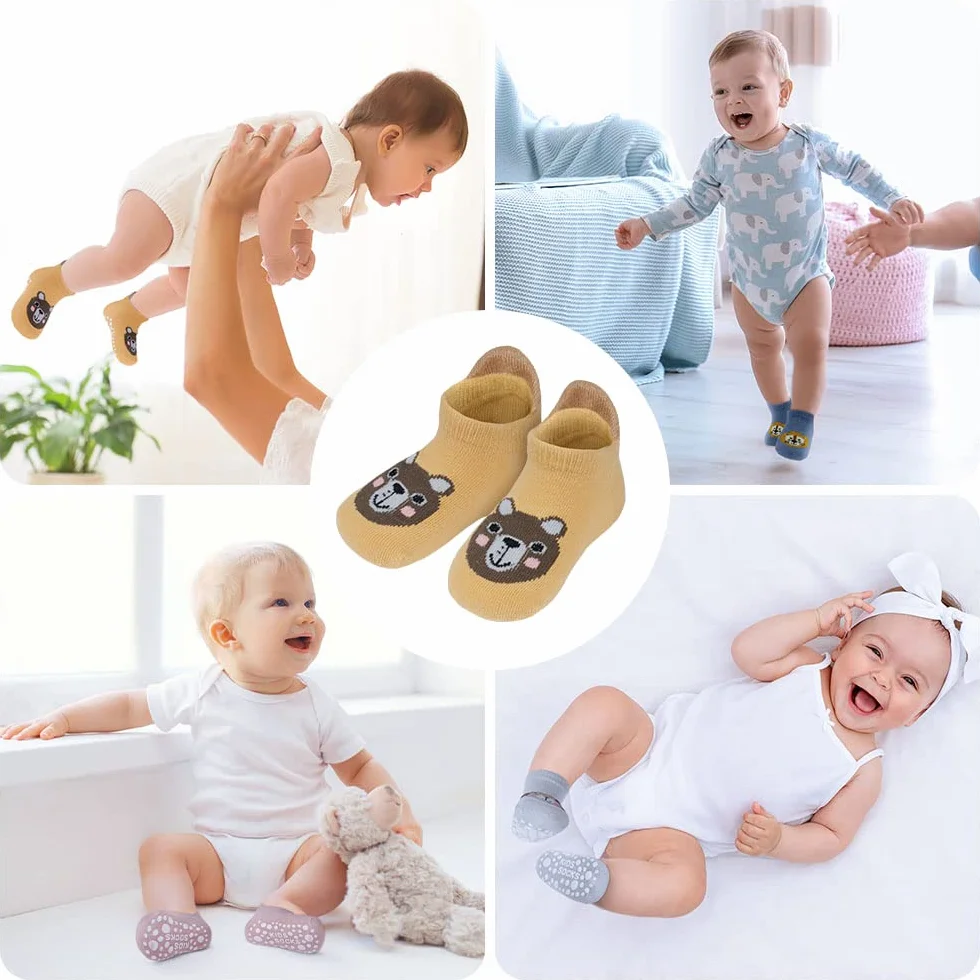 Vicloon Lot de 6 paires chaussettes antidérapantes coton imprimé animal bébé 12-18 mois
