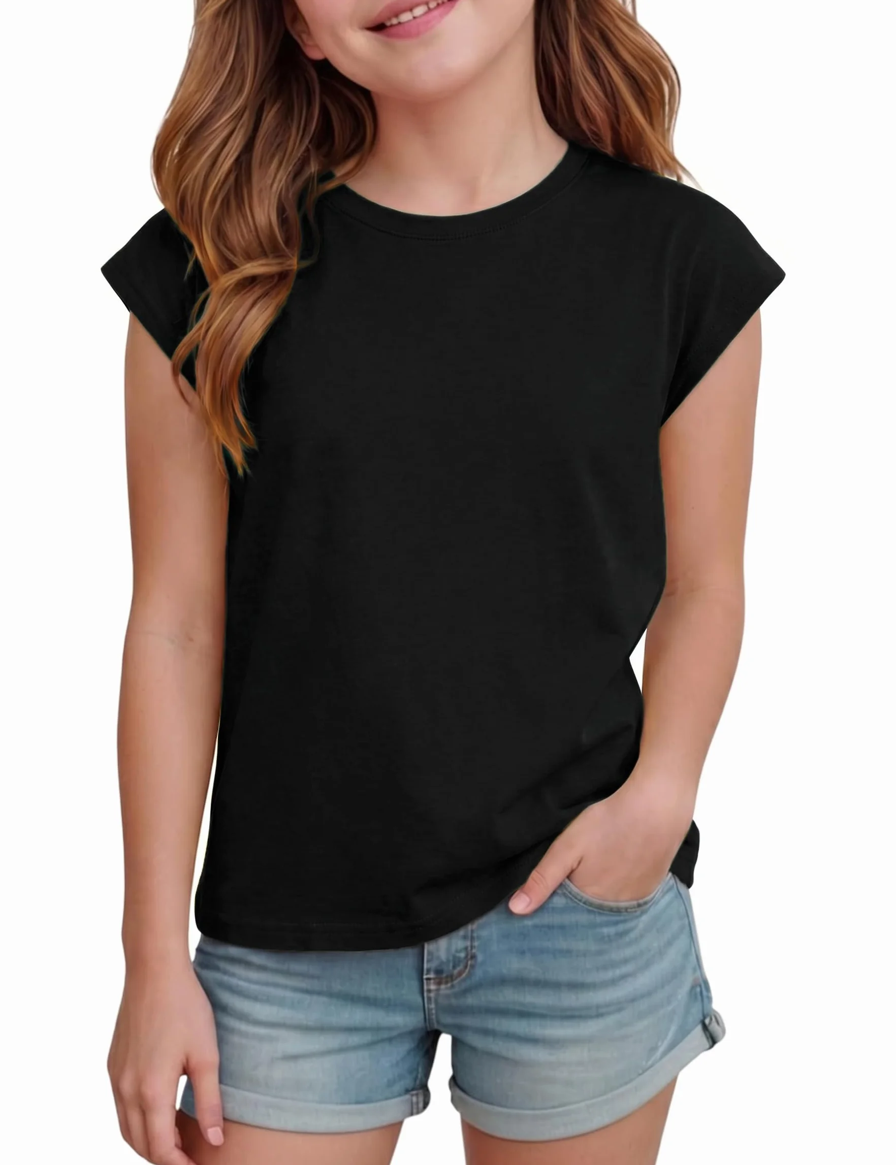 T-Shirt Fille Manches Courtes pour Enfants Col Rond Été 6-14 Ans