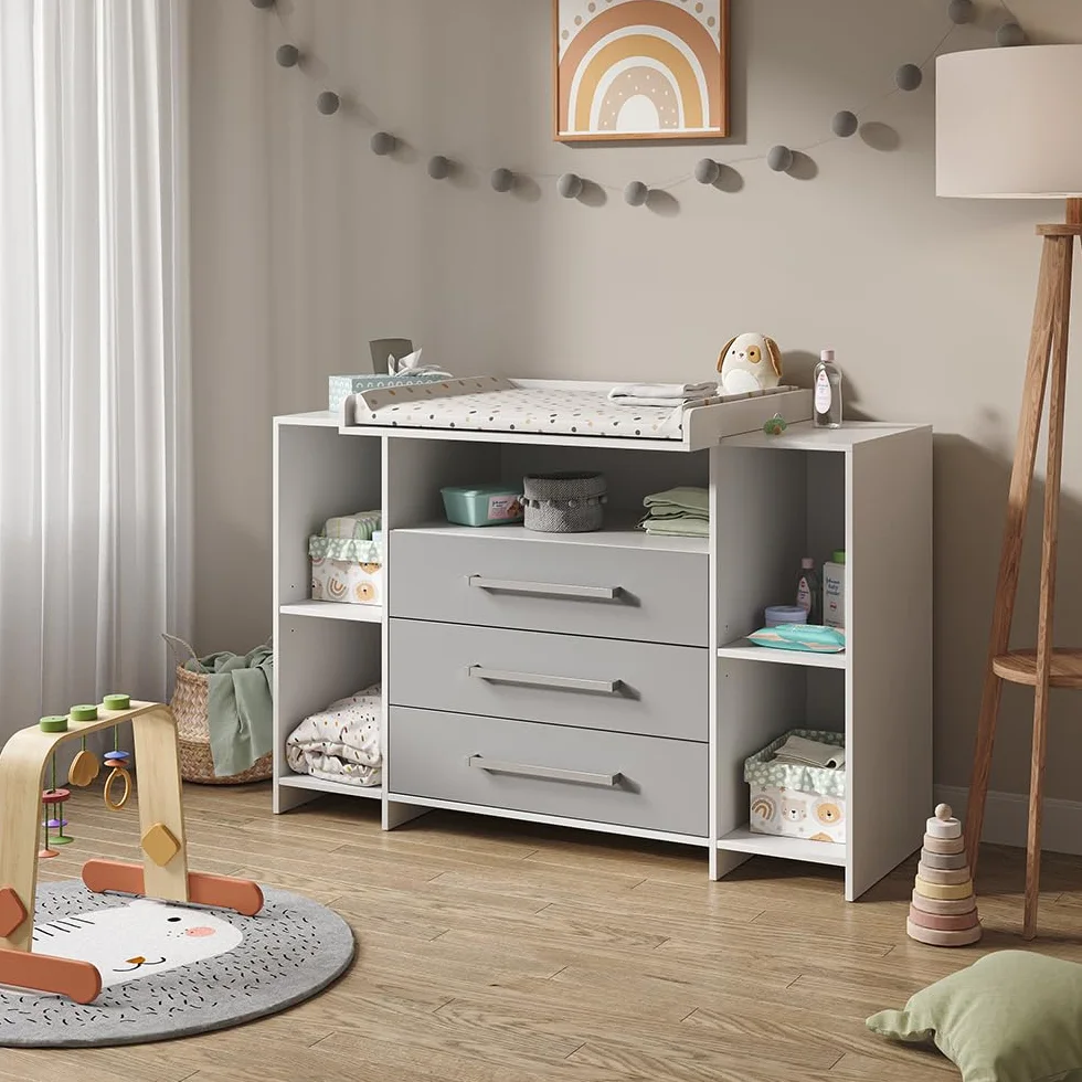 Vicco Commode à Langer Oskar 143x100cm XL Blanc/Gris avec Tiroirs Table à Langer Rangement Extensible