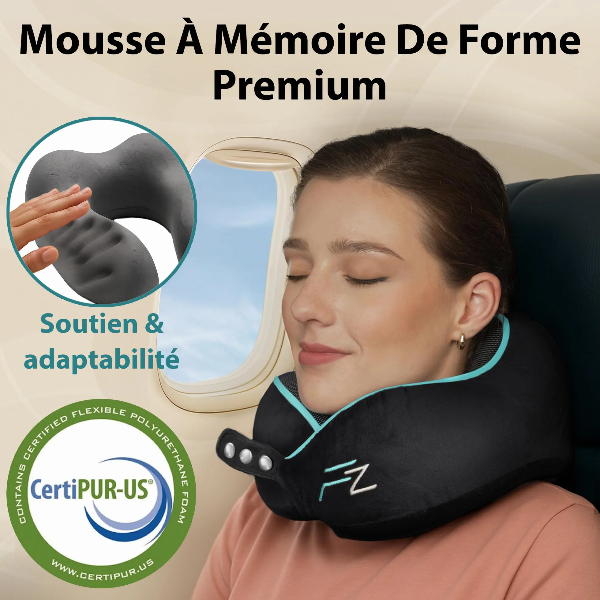 FLOWZOOM Oreiller de Voyage en Mousse à Mémoire de Forme pour Avion et Voiture, Coussin Réglable Soutien 360°, Housse Lavable, Noir