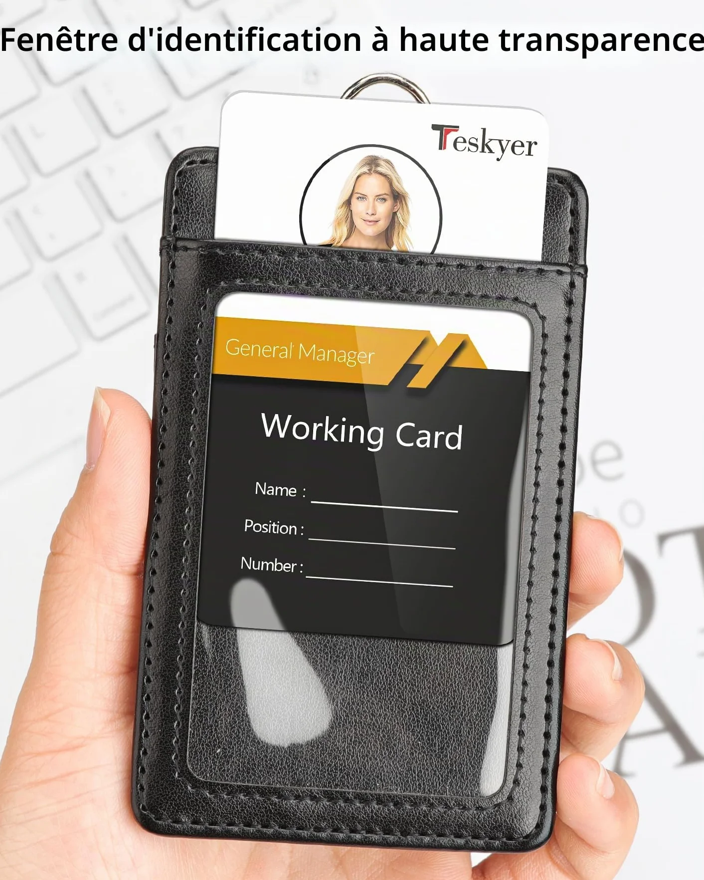 Teskyer Porte Badge Tour de Cou Cuir PU 2 Emplacements Cartes Noir