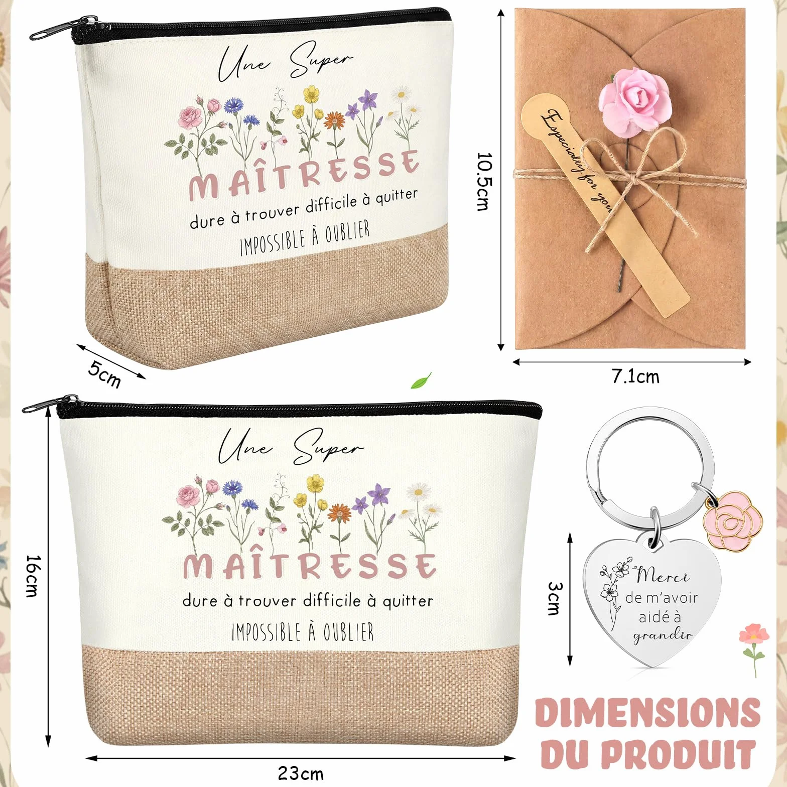 BBTO Trousse de Maquillage Porte-Clés Stylo à Bille Carnet Carte Cadeau pour Maîtresse Maternelle Enseignante Professeur Aesh