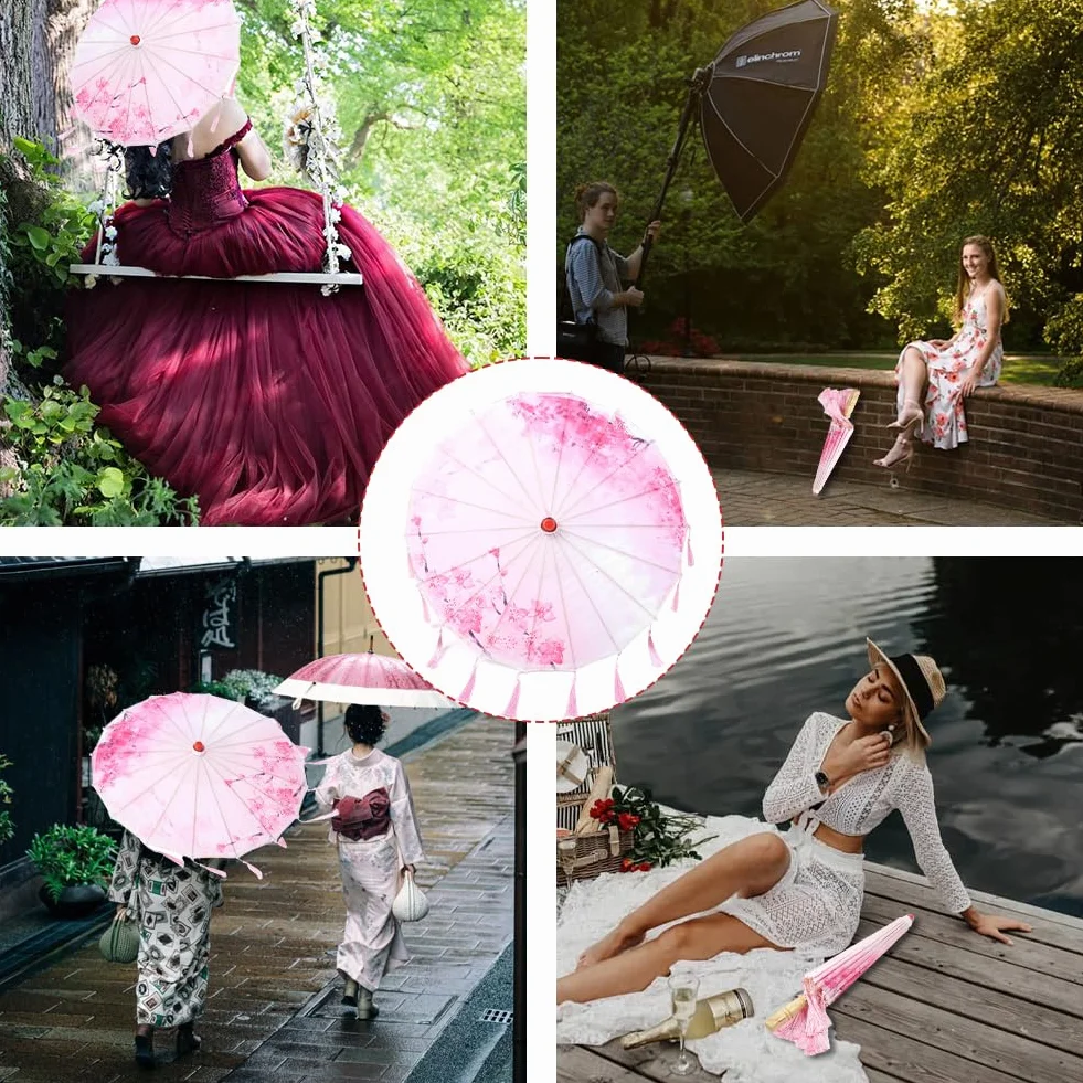 Parapluie à Pompon en Soie, Parasol en Soie de Bambou Chinois avec Glands, Parapluie de Danse Classique Imperméable pour Mariage (Rose)
