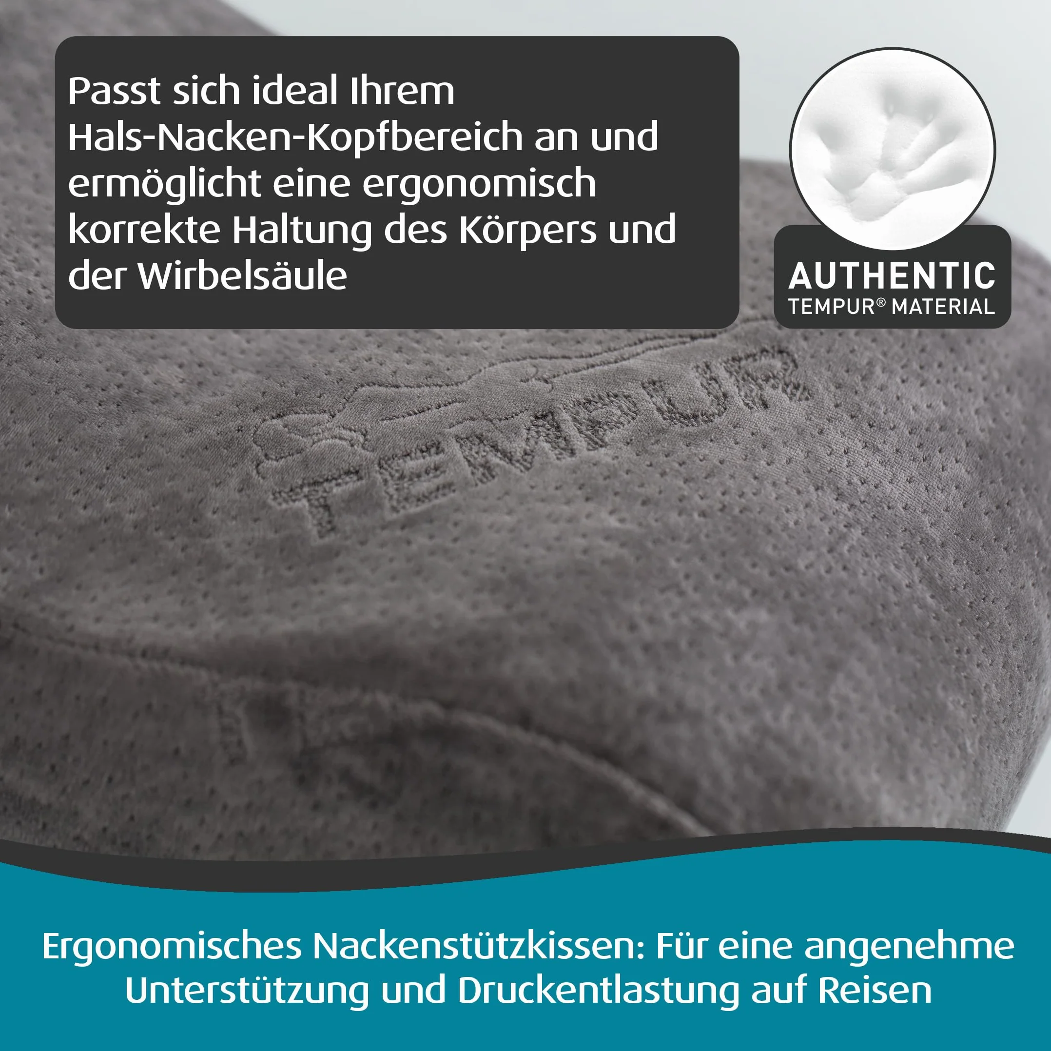 TEMPUR Coussin de Voyage Ergonomique Mémoire de Forme Sac Transport Anthracite 25x31x10/7 cm