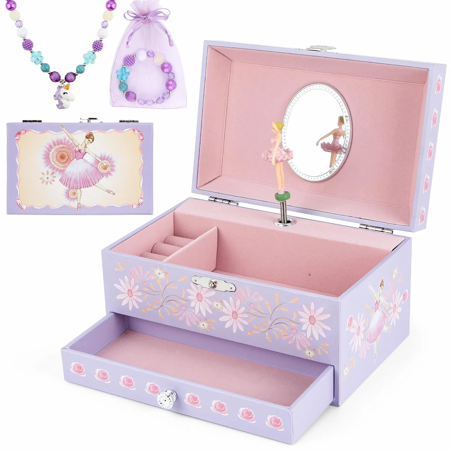 Boîte à bijoux musicaux avec tiroir et ballet rotatif pour enfants filles