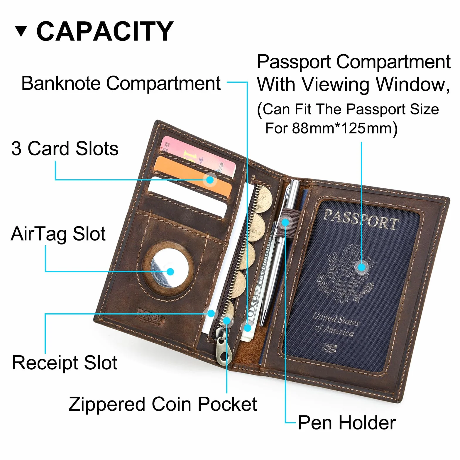 Portefeuille Homme Cuir Véritable Bloquer RFID Compartiment AirTag Organisateur Cartes Voyage