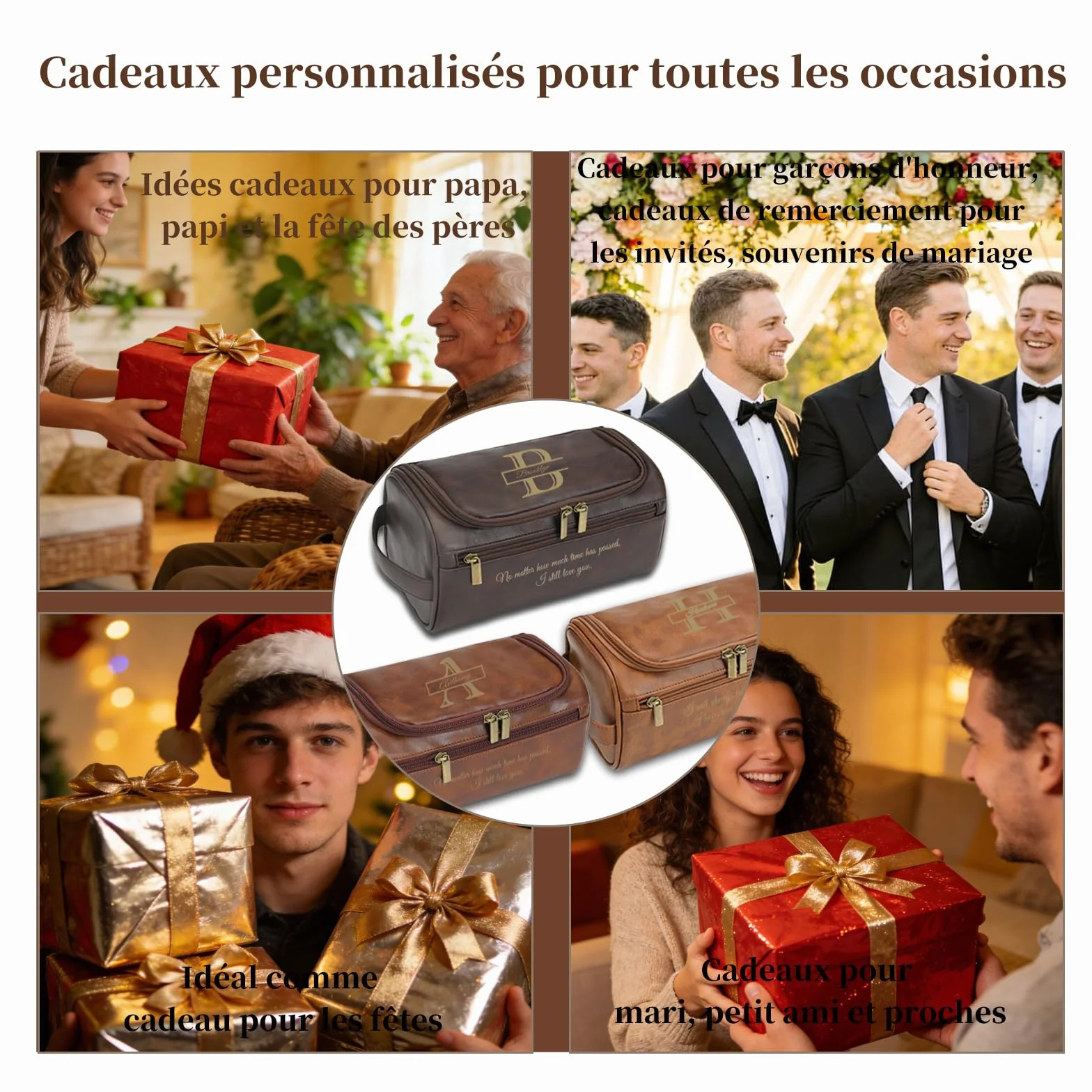 Trousse de Toilette Homme Personnalisée Gravée avec Nom ou Initiales, Cadeau Mariage Fête des Pères Saint-Valentin (Châtain foncé)
