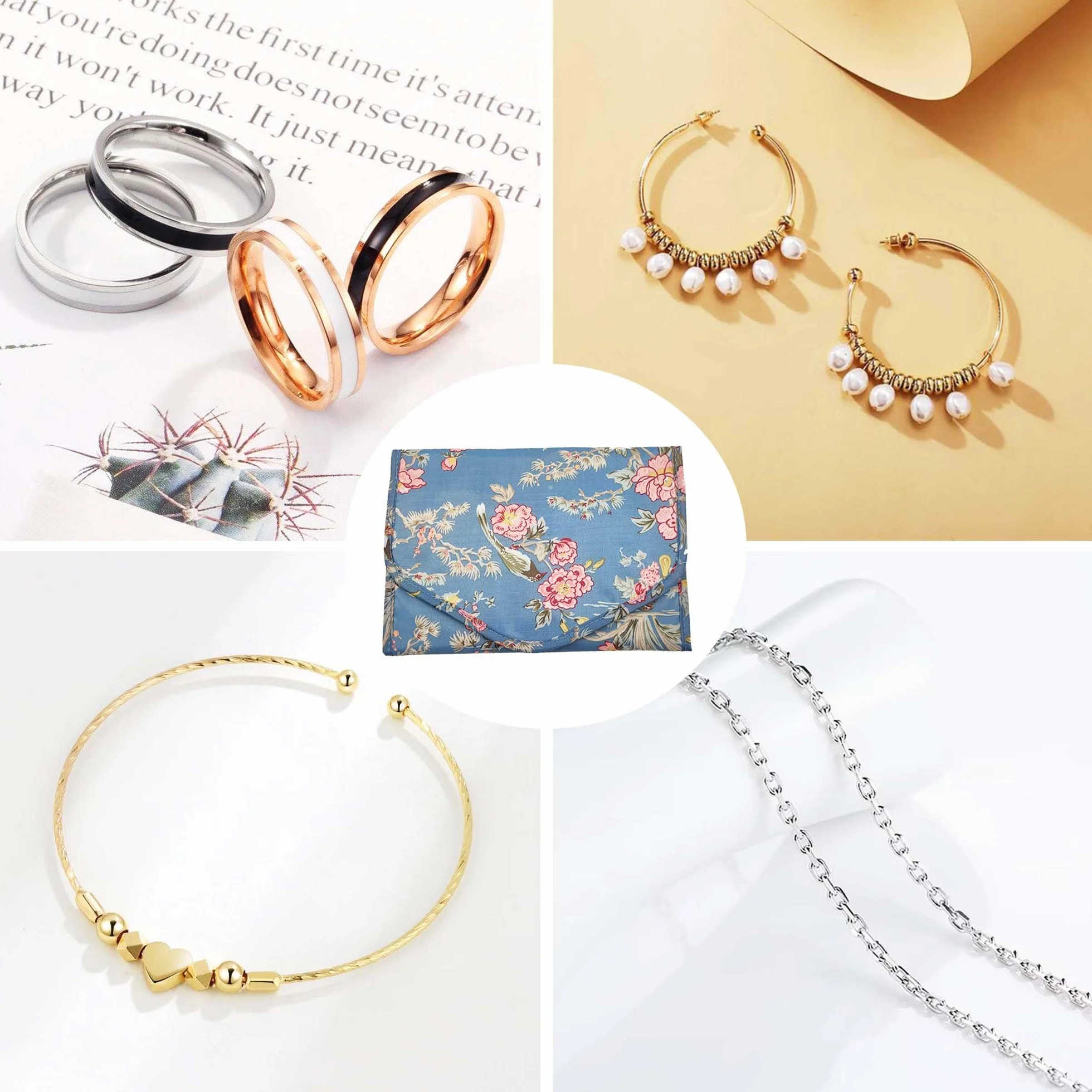 Pochette Rouleaux Bijoux Pliable Organisateur Rangement Bijoux Portable Plusieurs Compartiments Boucles d'Oreilles Colliers Bagues Bracelets (Floral, L)