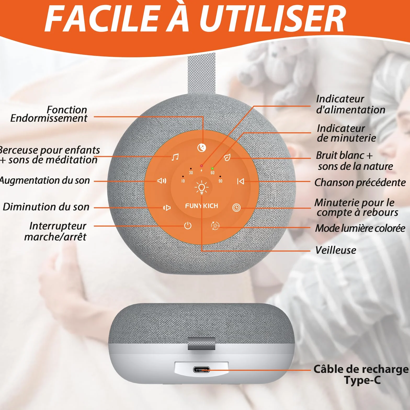 FUNYKICH Machine à Bruit Blanc Bébé 30 Sons Apaisants Veilleuse 7 Couleurs 4 Modes