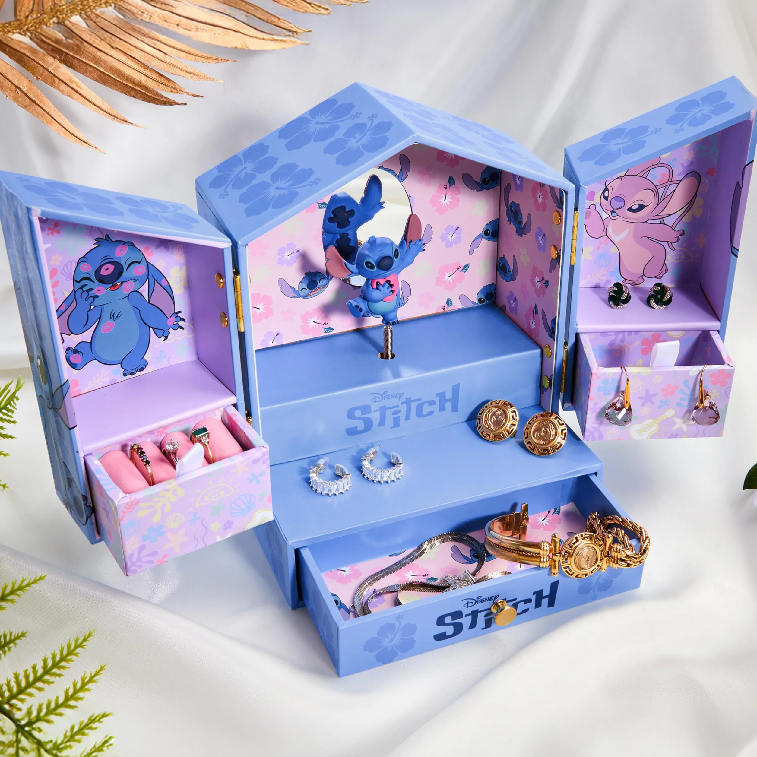 Disney Stitch Boîte à Bijoux Musicale Fille Coffret Cadeau avec Miroir Tiroirs Rangement Bleu