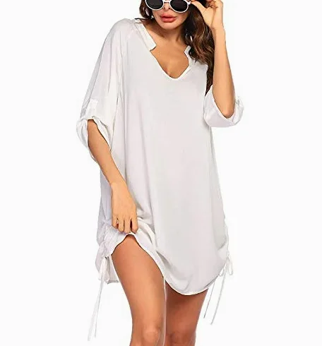 Cache-maillot de plage pour femme avec col en V et imprimé papillon, blanc, XL