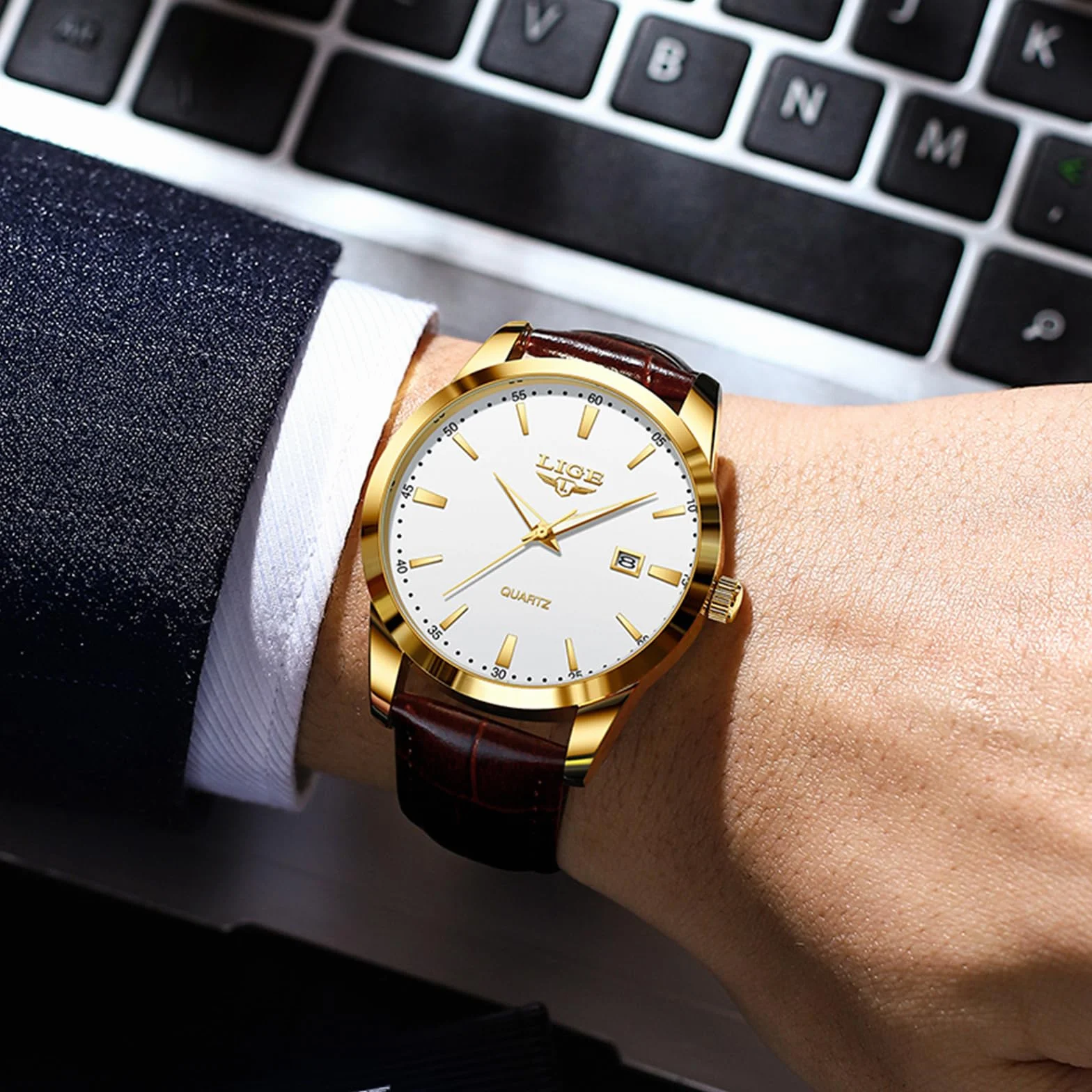 LIGE Montre Hommes Date Étanche Quartz Cuir Jaune-Brun