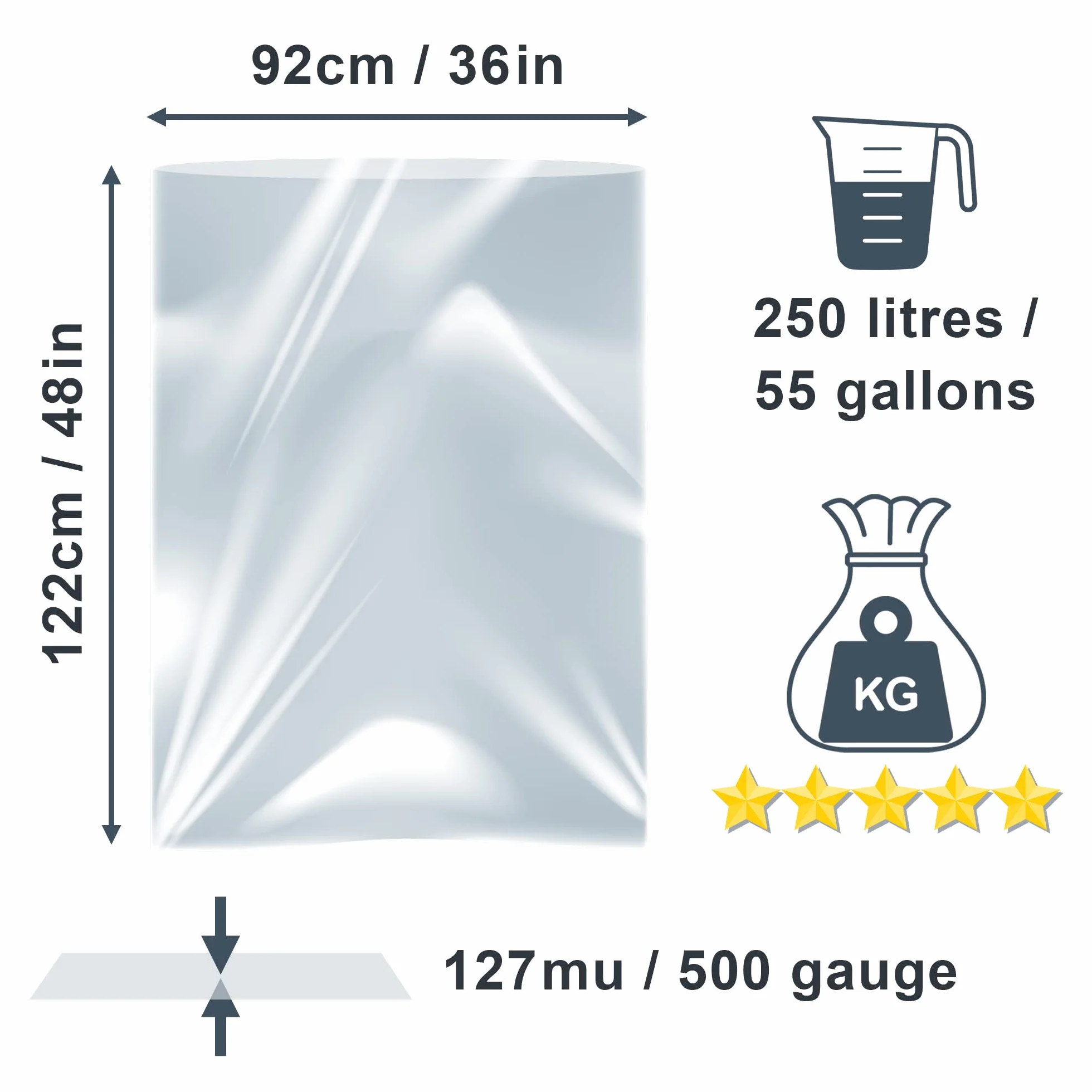 Grand Sac de Rangement en Plastique Transparent 83 cm x 111 cm 114 μm Imperméable Lot de 5