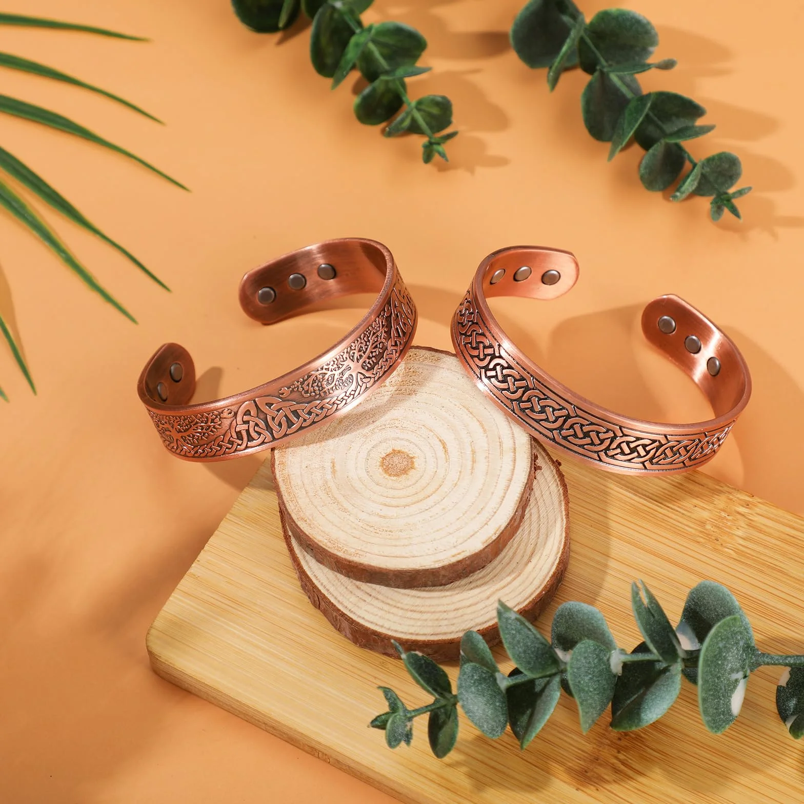Bracelets Magnétiques en Cuivre 99,99% 3500 Gauss 9 Aimants Réglable Arbre Celtique, 2 Pièces
