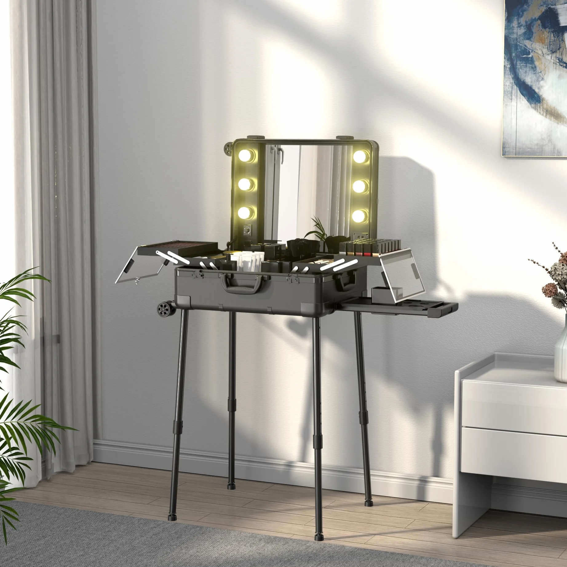 Valise de Maquillage à Roulettes en Aluminium avec Grand Miroir et Serrure à Code, Pliable pour Voyage et Studio