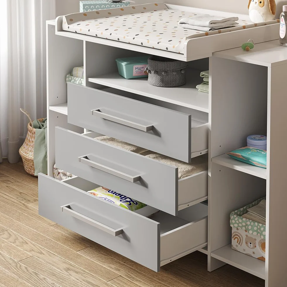 Vicco Commode à Langer Oskar 143x100cm XL Blanc/Gris avec Tiroirs Table à Langer Rangement Extensible