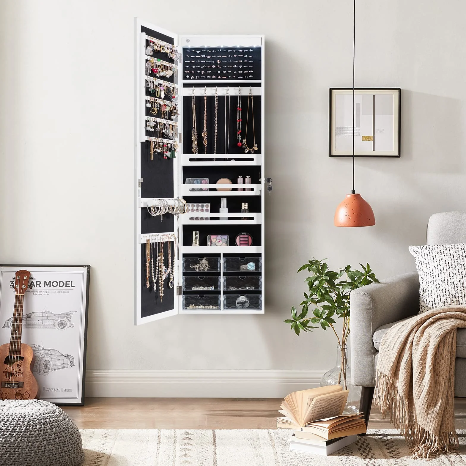COSTWAY Armoire à Bijoux Murale LED 5 Lumières avec Miroir 6 Tiroirs 36,5 x 11,5 x 120 cm Blanc