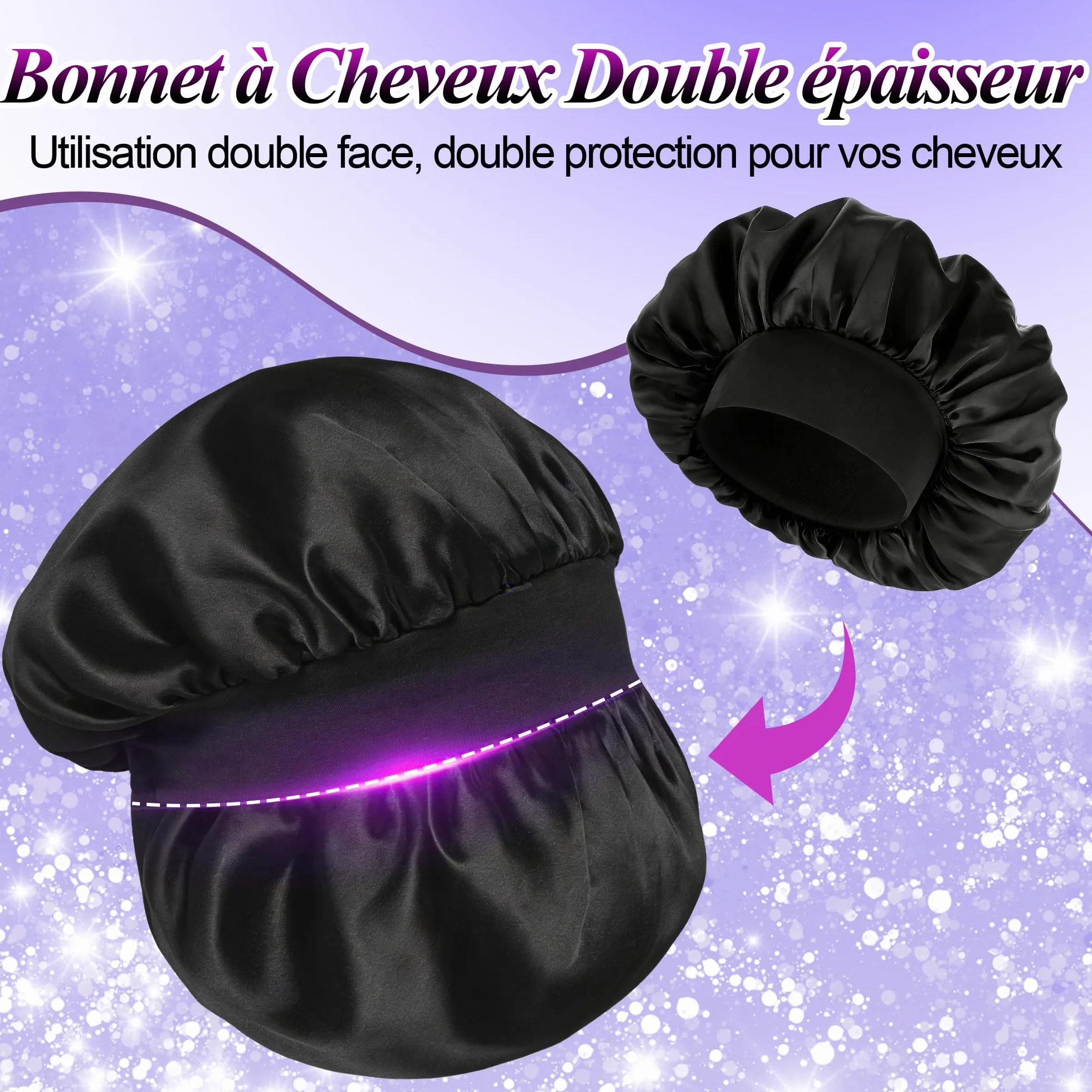 Lot de 2 Bonnets Satin Cheveux Nuit Anti-frisottis - Noir + Argent