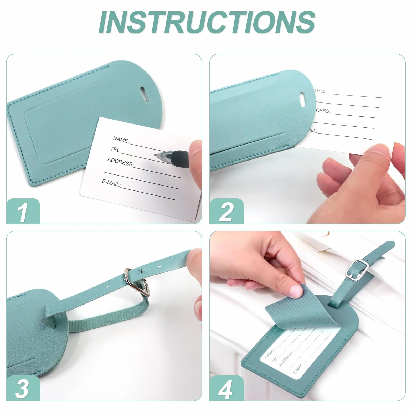 Redamancy Etiquette Valise 4 Pièces Pu Cuir avec Carte Informations Personnelles