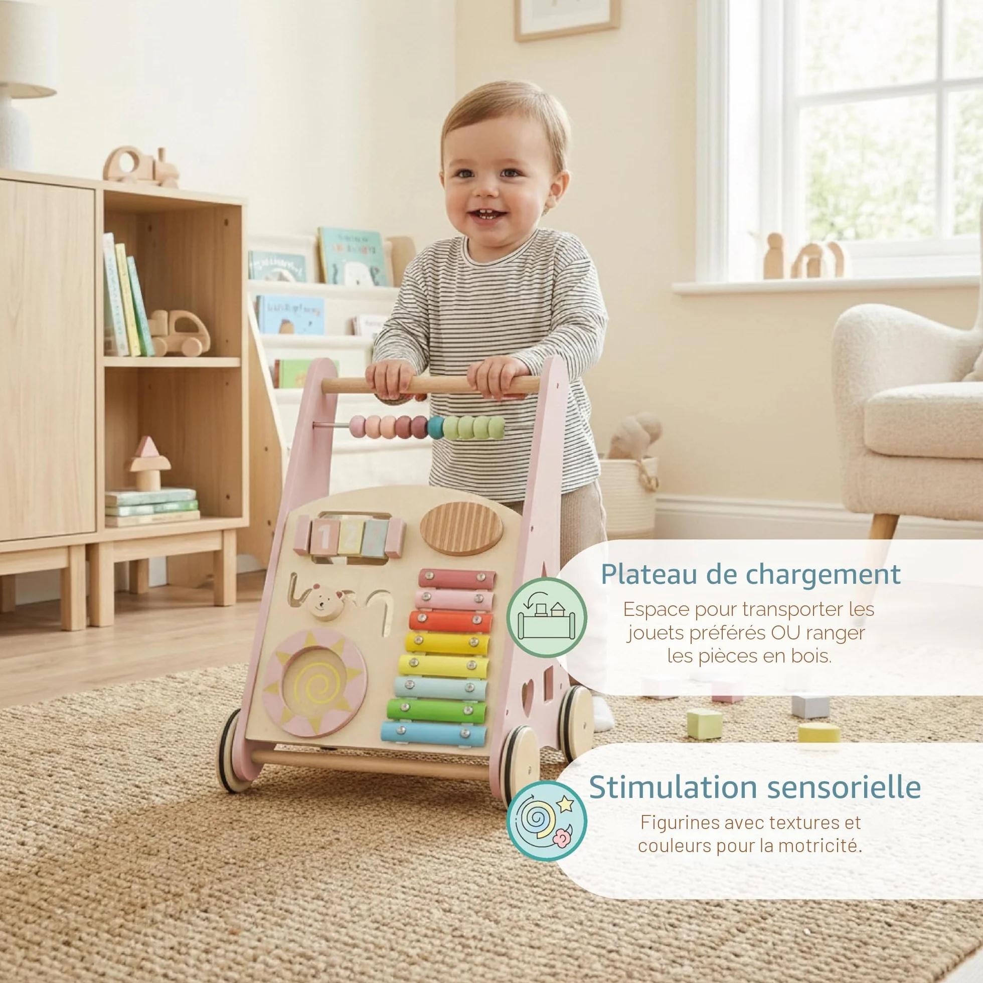 BUDDY BABY Montessori Walker Baby en bois Poussette premiers pas jouets activités Chariot tapis roulant enfants +12 mois Laponie Rose