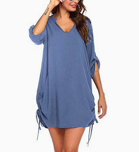 Cache-maillot de plage pour femme avec col en V et imprimé papillon, bleu, XL