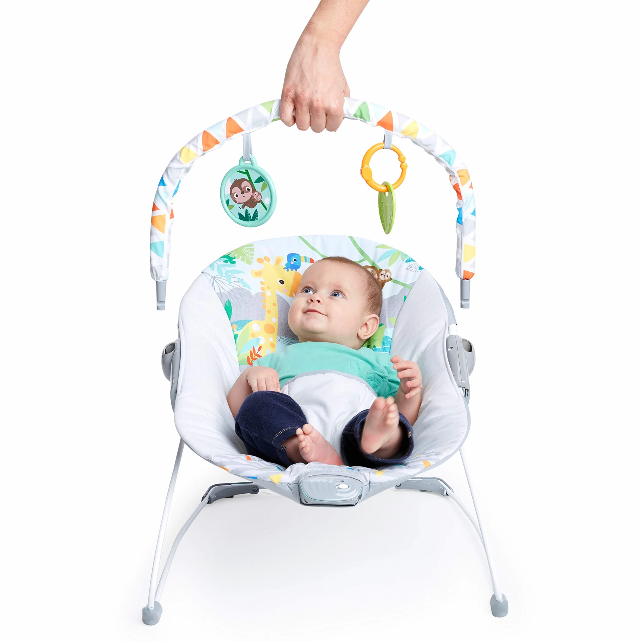Bright Starts Transat Bébé Vibrations Apaisantes Barre de Jouets Amovible Pieds Antidérapants 0-6 Mois 9 kg Safari Fun