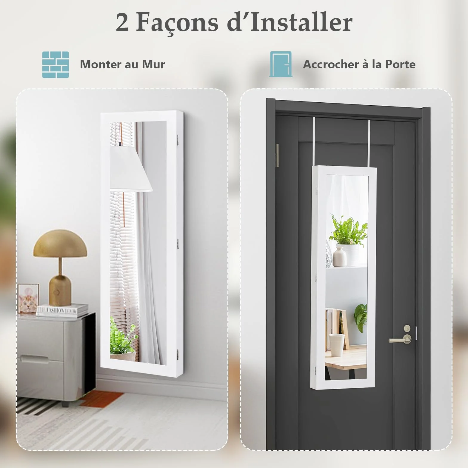 RELAX4LIFE Armoire à Bijoux Murale avec Miroir Pleine Longueur, 31,5x8,7x110 cm, Blanc