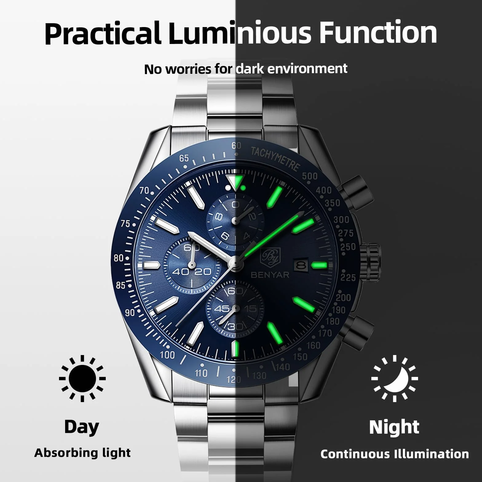 BENYAR Montre Homme Chronographe Analogique Quartz Etanche Date Grand Cadran Classique