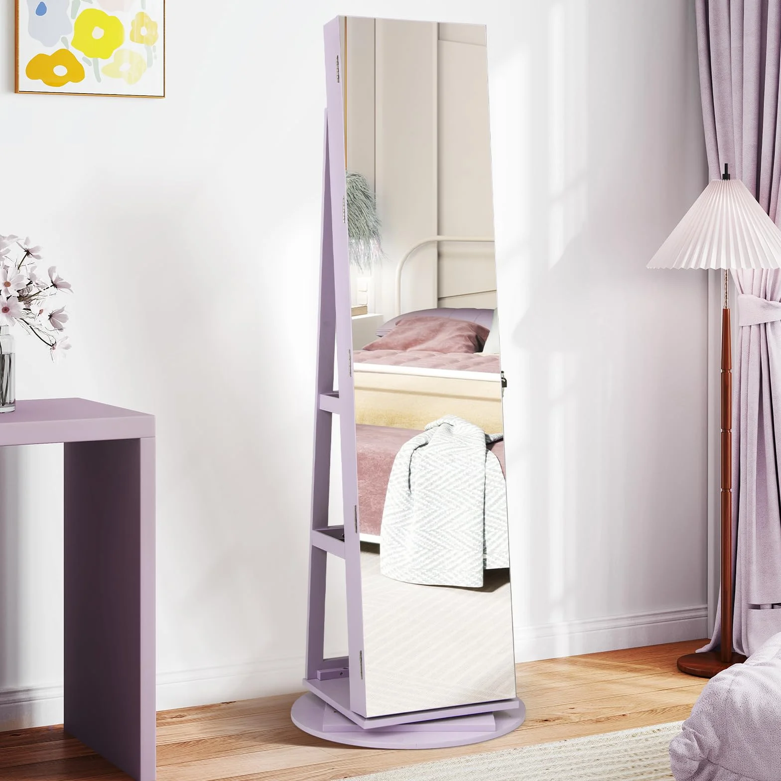 COSTWAY Armoire à Bijoux Pivotante 360° avec Miroir Pleine Longueur et Lumières LED 3 Couleurs, Style Nordique Violet