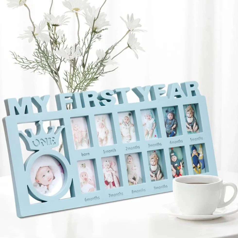 Cadre photo pour bébé Ma première année Album empreinte 1-12 mois Kit affichage multi-photos Cadeau mamans