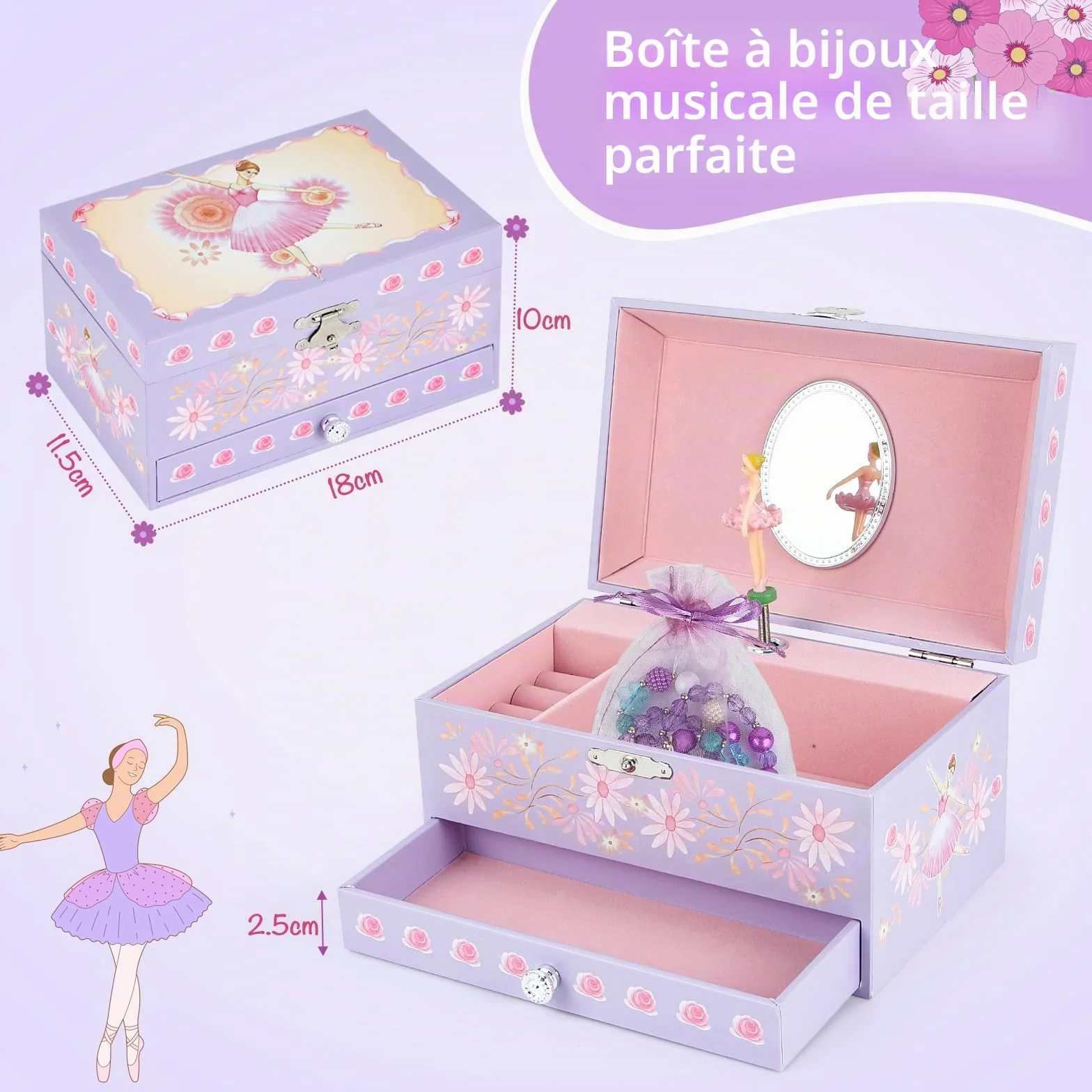 Boîte à bijoux musicaux avec tiroir et ballet rotatif pour enfants filles