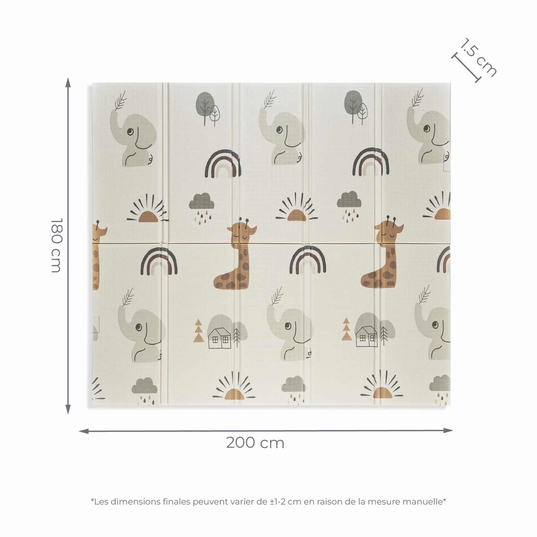 Tapis de Jeu Bébé 180x200 cm Double Face Rembourré 1,5 cm Pliable avec Sac de Transport Éléphant Arc-en-ciel