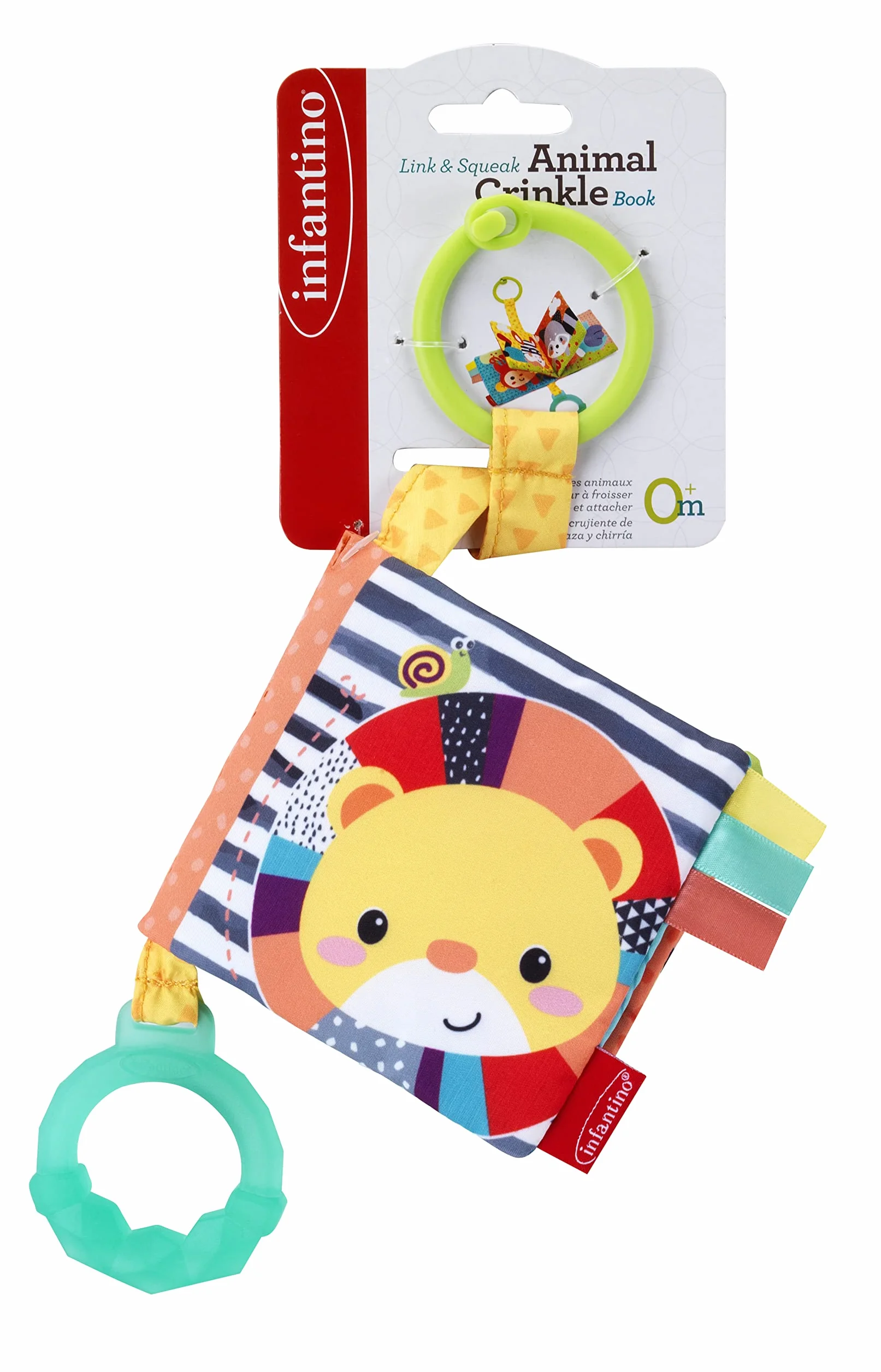 INFANTINO Livre Froissé Animal en Tissu Multicolore avec Pages qui Crissent, Anneau de Dentition et Couineur - Développement Bébé dès 6 Mois