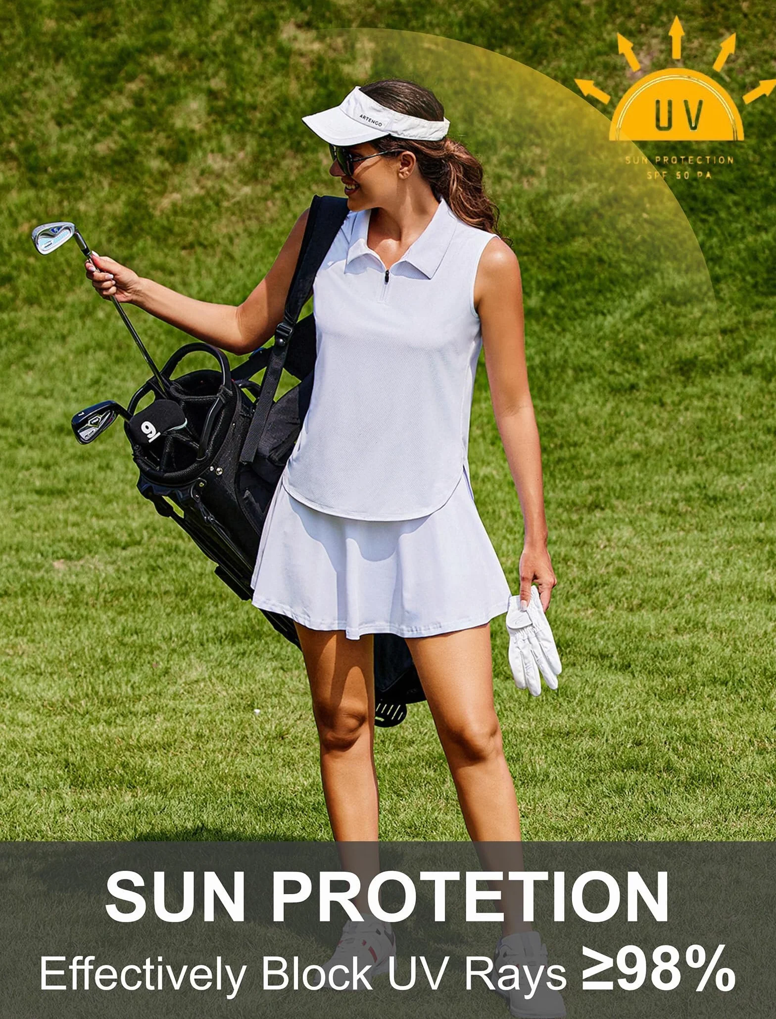 PINSPARK Polo sans Manches Femme UPF 50+ Sport Respirant Golf Tennis Haut Séchage Rapide Fermeture éclair