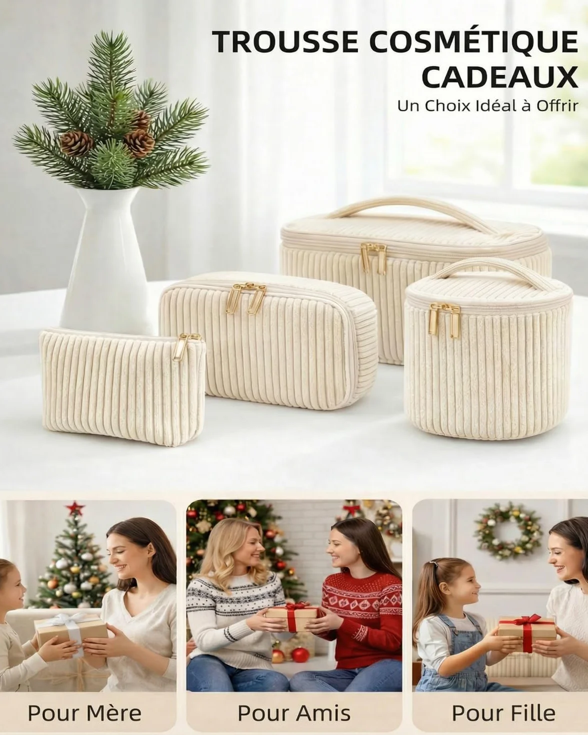 Lot de 4 Trousses de Toilette Femme en Velours Côtelé, Trousse Maquillage avec Poignée, Grande Moyenne Petite Mini, Beige