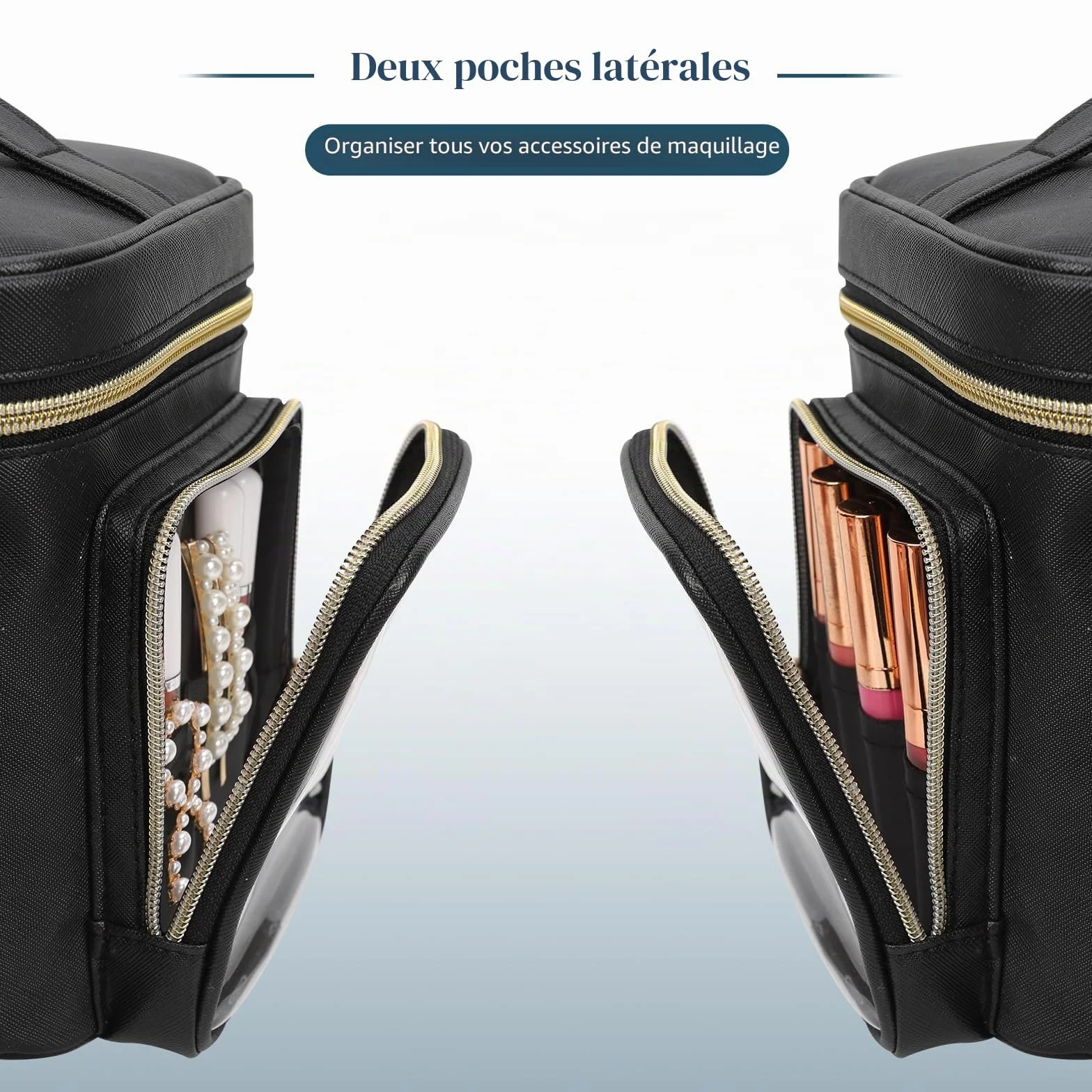 Pochette de maquillage pour femme avec support pour pinceaux, organisateur portable, Noir